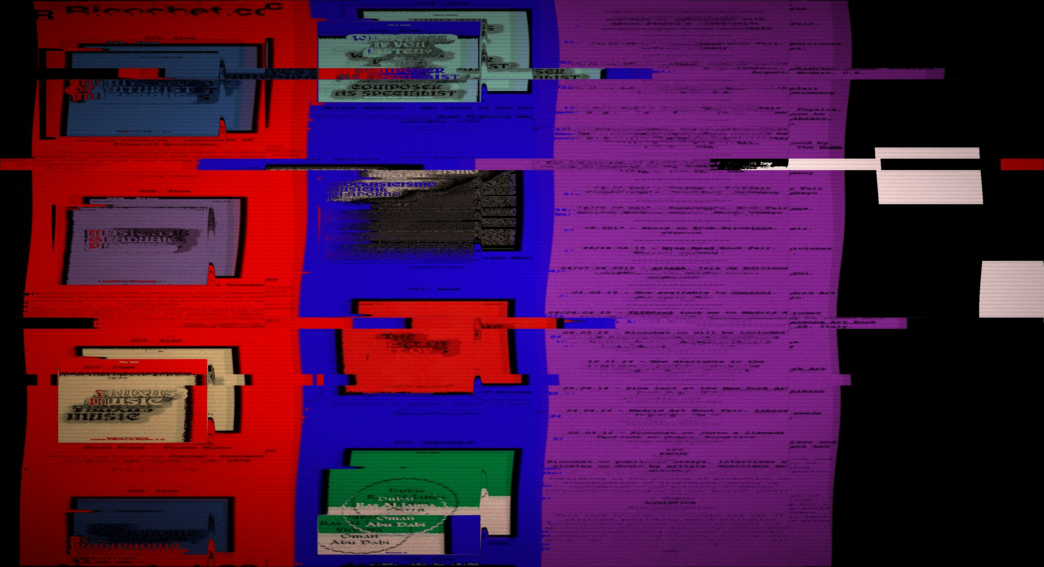 Abstract glitch art with colorful blocks and text.