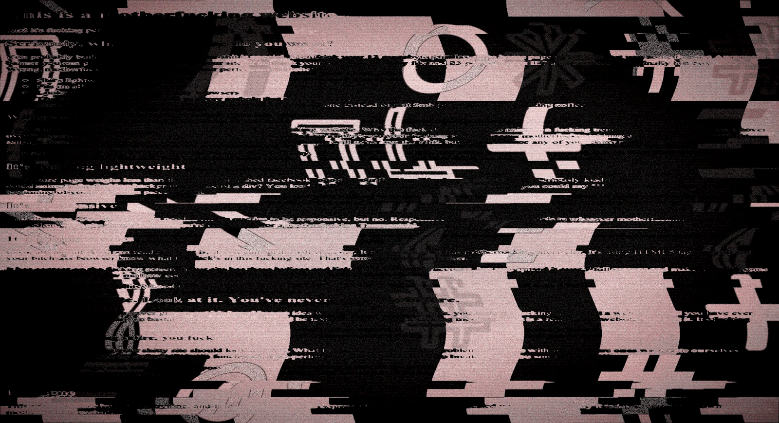 Abstrakte Glitch-Grafik mit verzerrten Buchstaben und digitalen Störungen auf dunklem Hintergrund