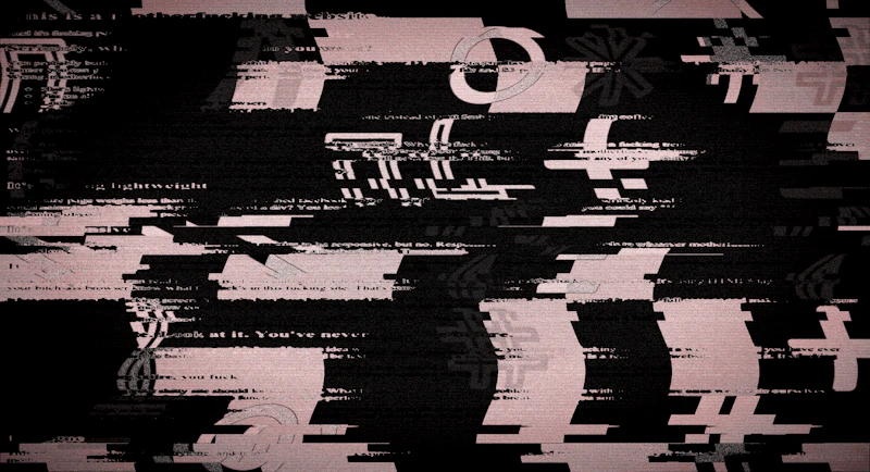 Abstrakte Glitch-Grafik mit verzerrten Buchstaben und digitalen Störungen auf dunklem Hintergrund