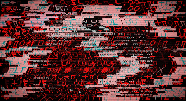 Abstract glitch art with red and white digital noise