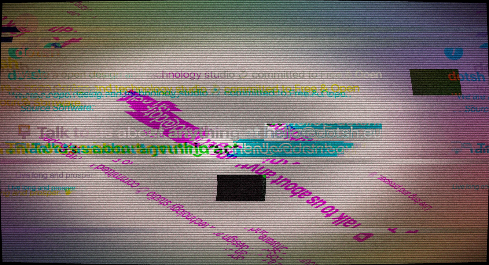 Digital glitch art with text and abstract shapes