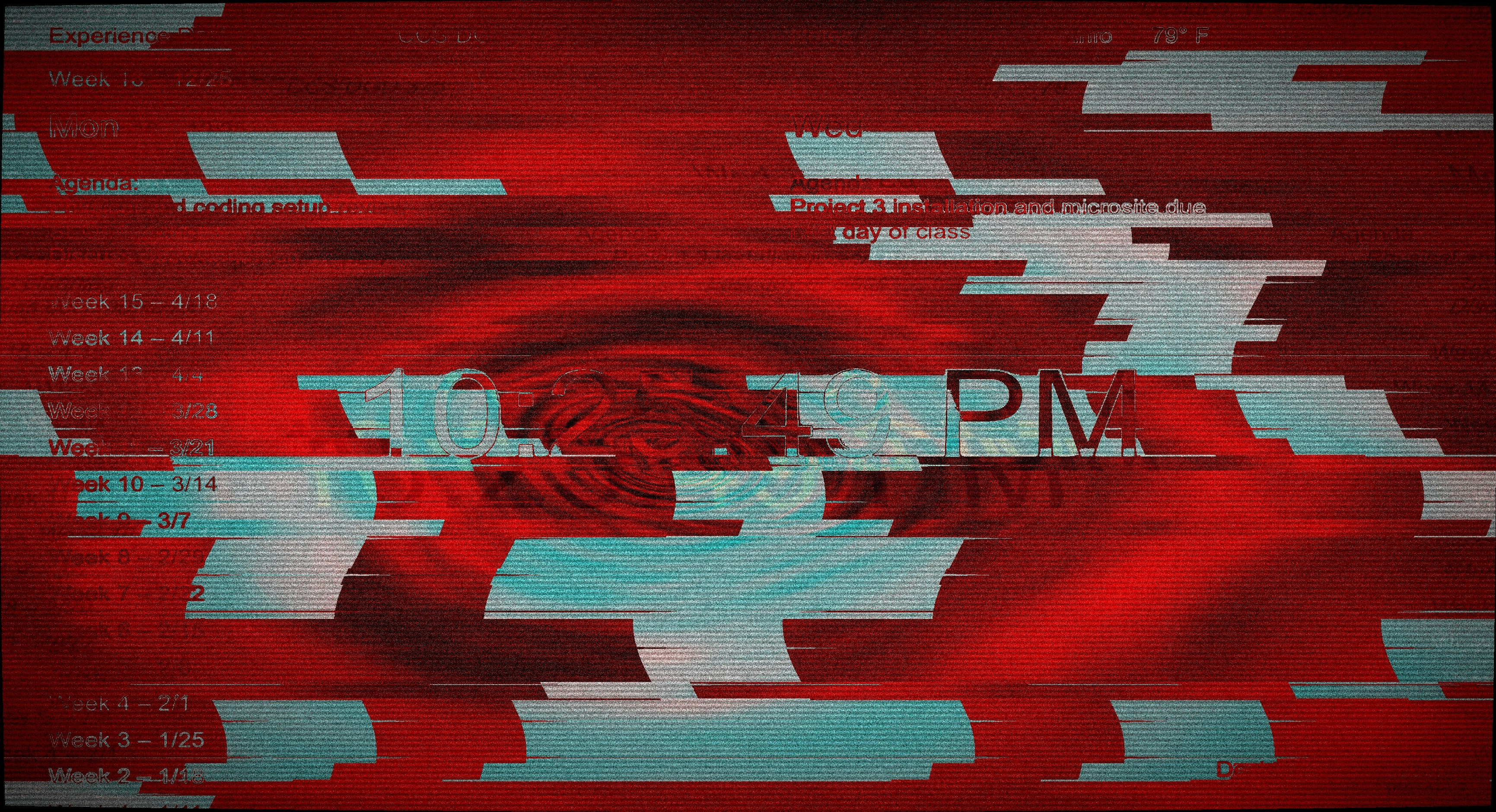 Glitchy red background with digital artifacts and text elements.