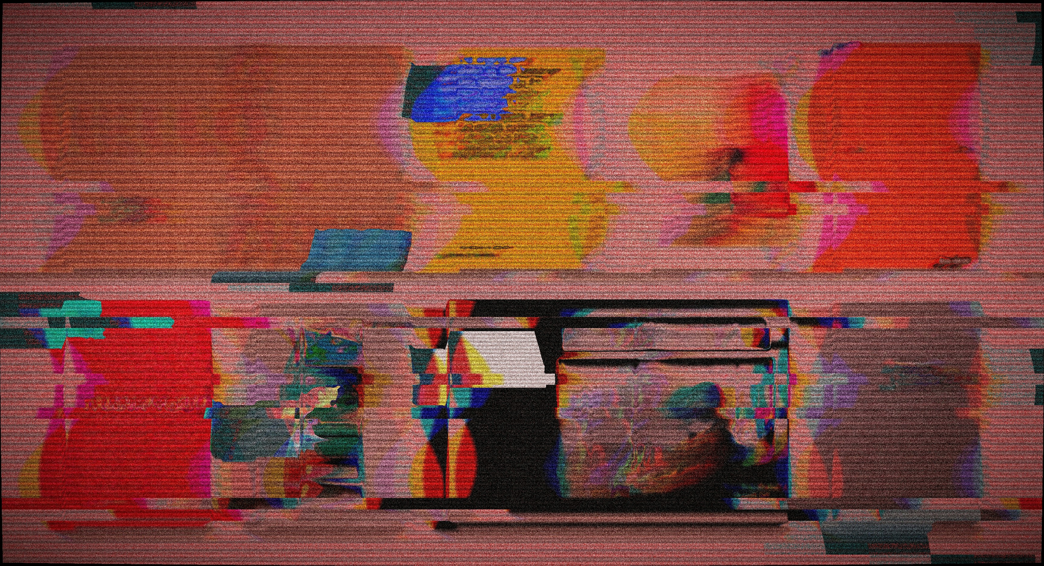 Glitchy abstract background with colorful panels and text.