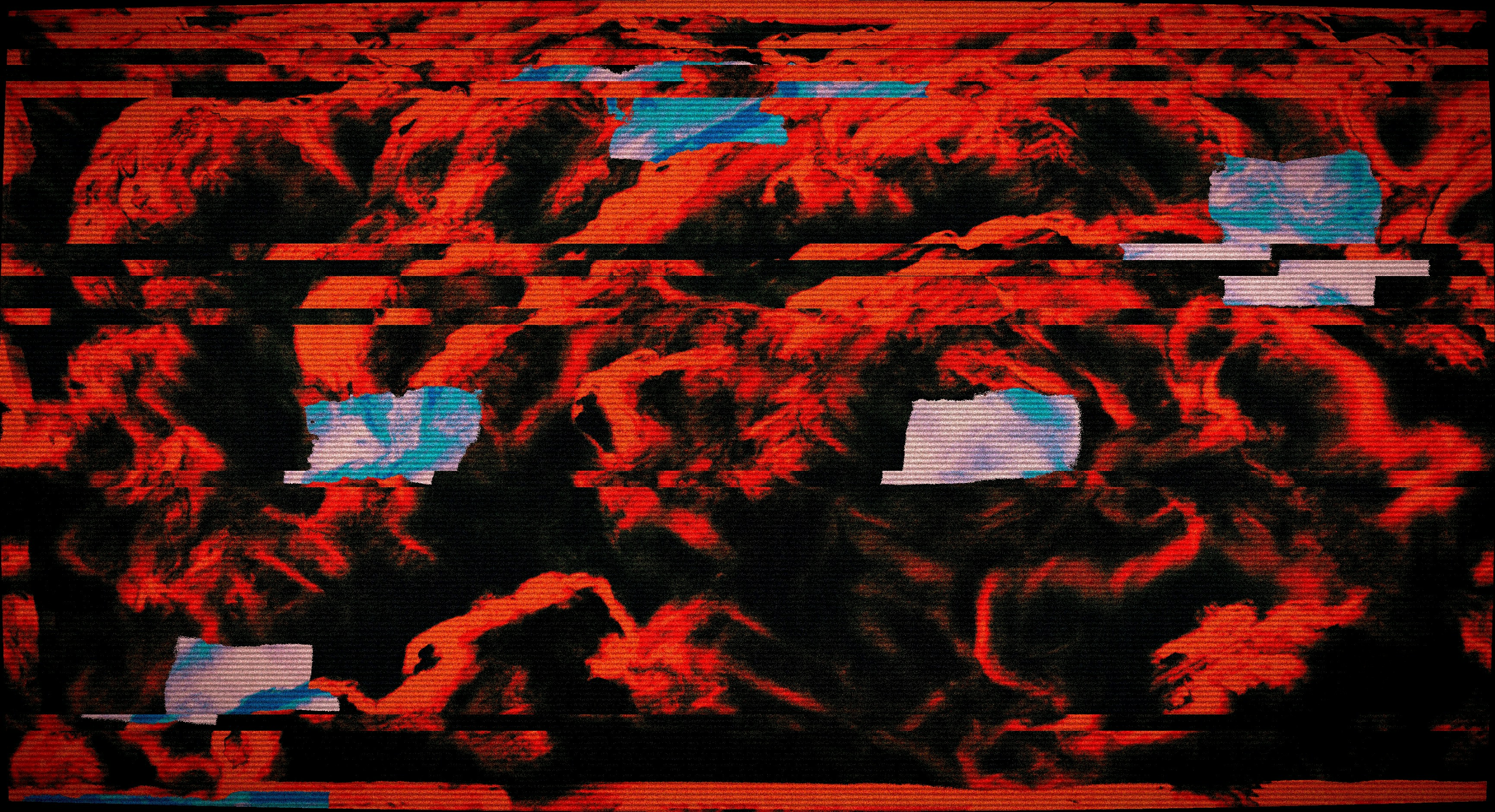 Abstract red and orange texture with blue glitches