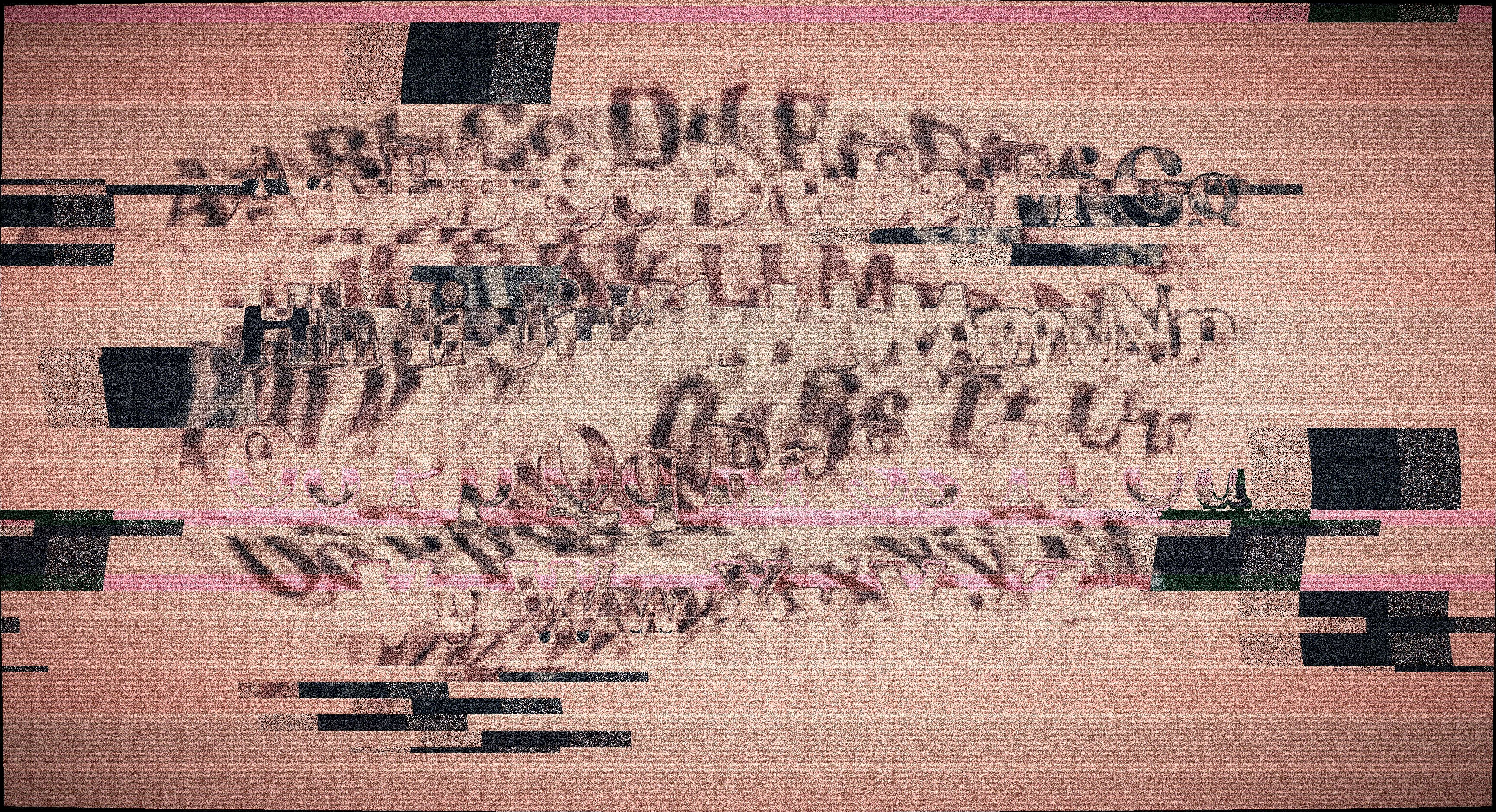 Distorted text with glitch effects on a pink background.