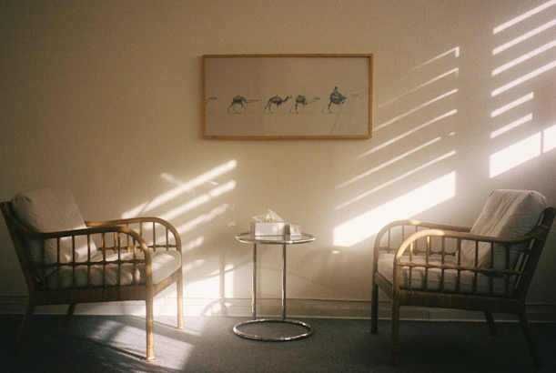 Two chairs and a table with sunlight streaming in