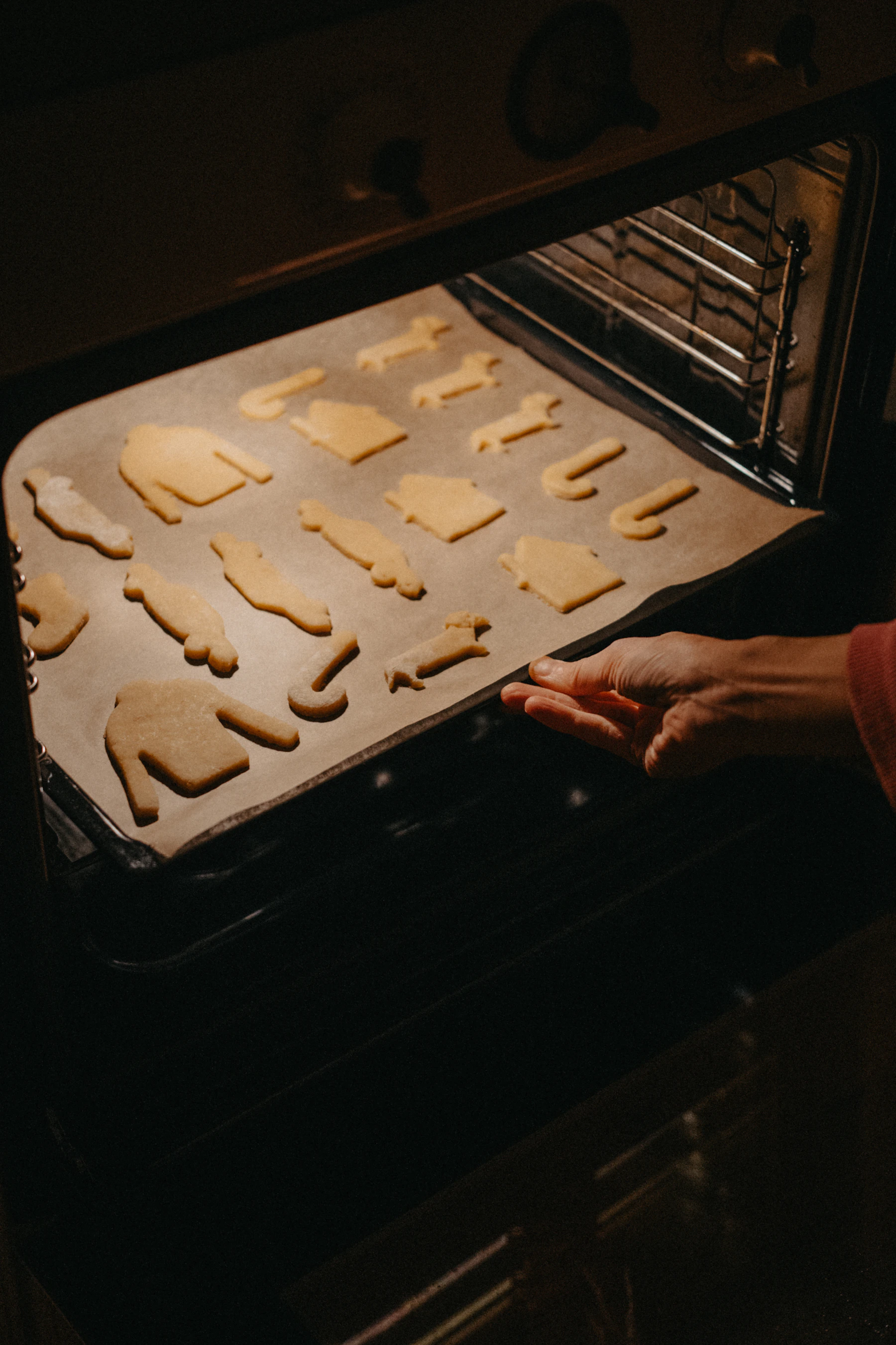 Cookie baking tray being moved into a kitchen oven