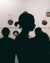 Silhouette of a woman and child against a timeline