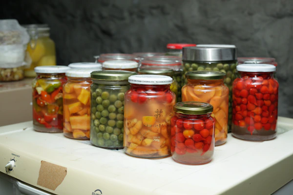 Jars of preserved vegetables and fruits on a shelf