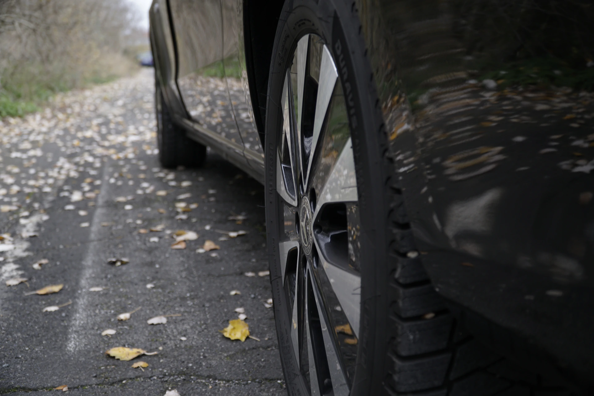 Car tire on a leaf-covered road