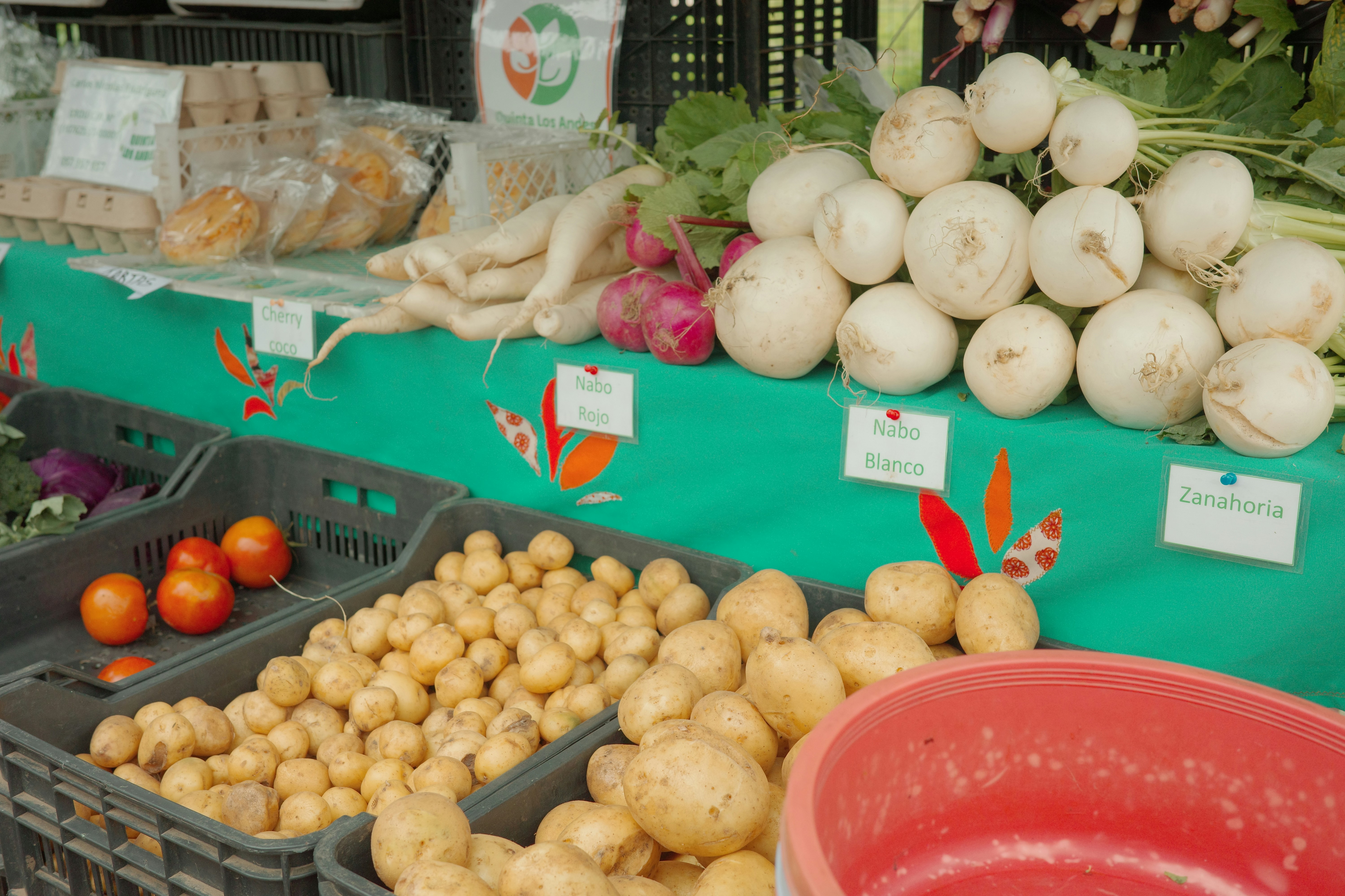 Semt pazarında taze meyve ve sebzelerin sergilendiği renkli bir tezgahın önünde bütçe dostu alışveriş yapan insanlar.