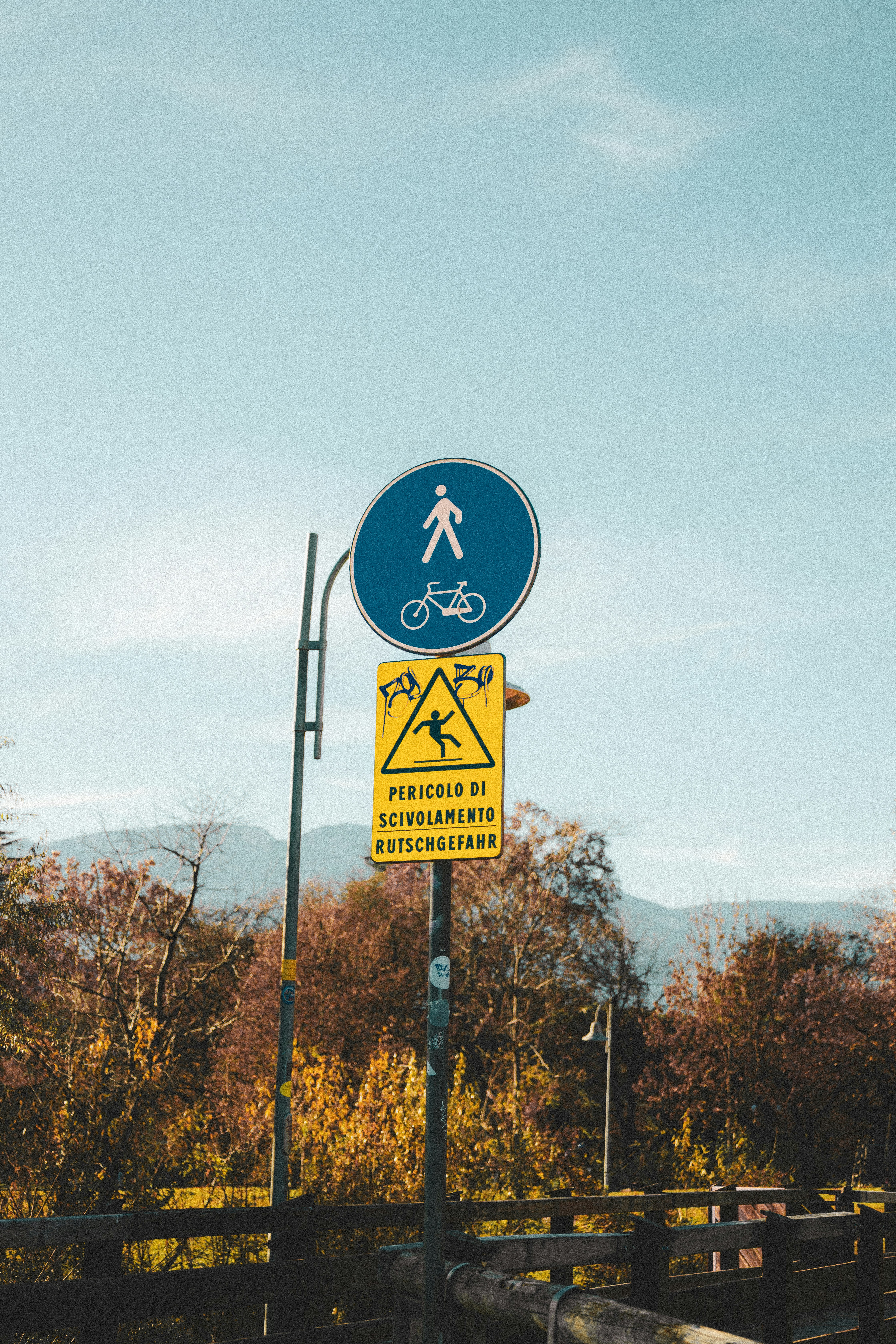 Pedestrian and bicycle signs with a warning sign.