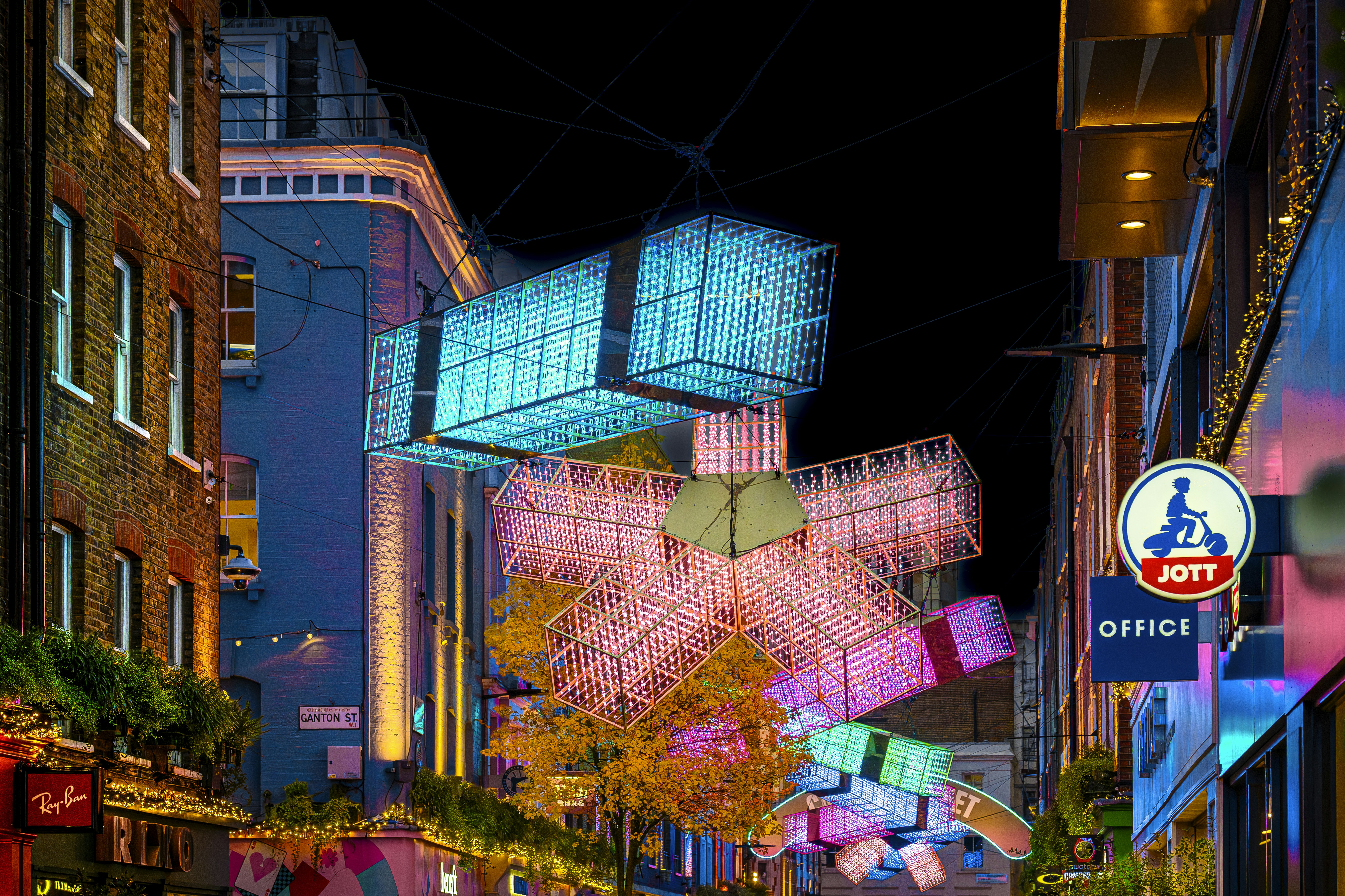 City street decorated with festive christmas lights