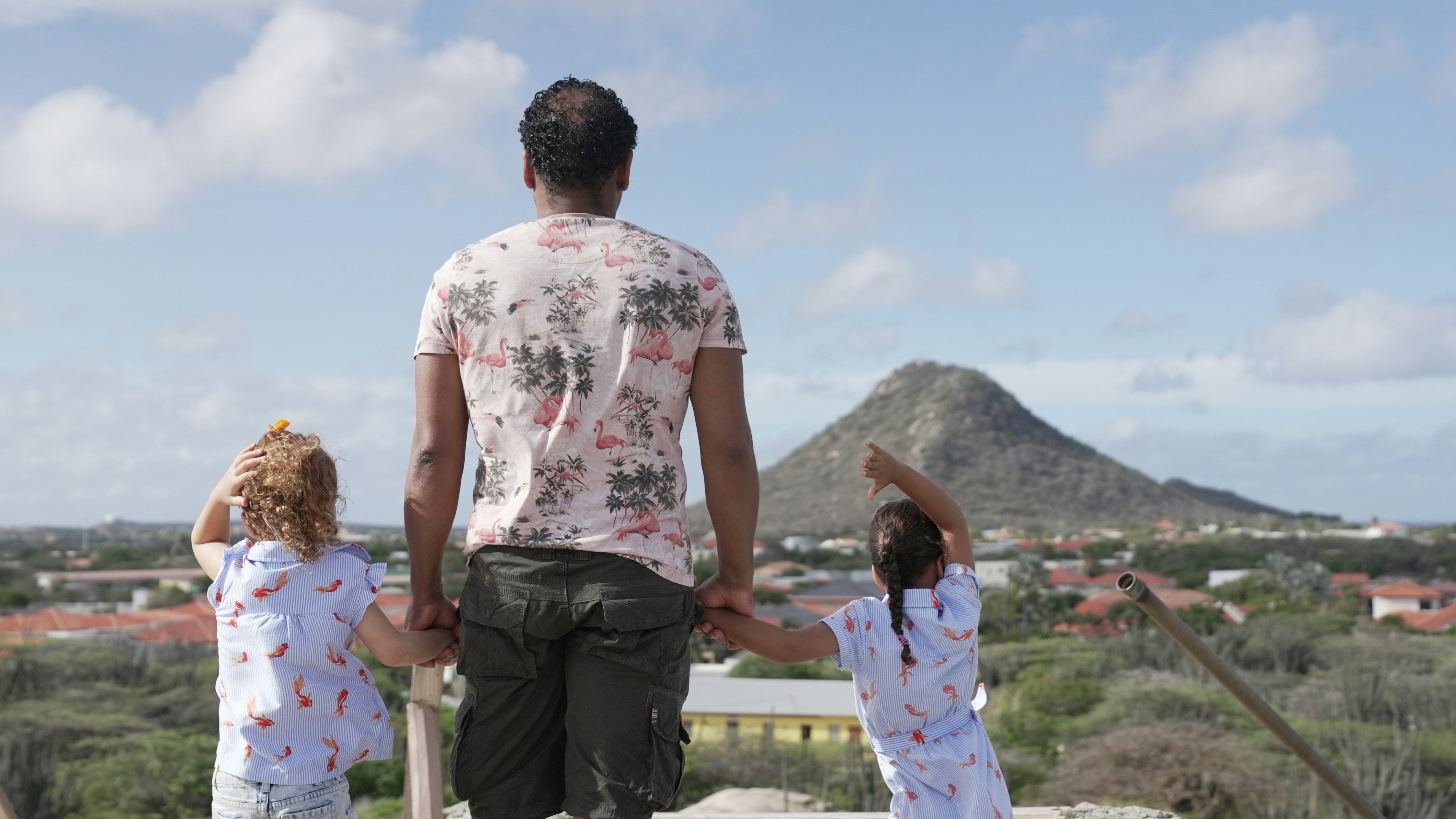 Man and two children looking at a distant mountain.