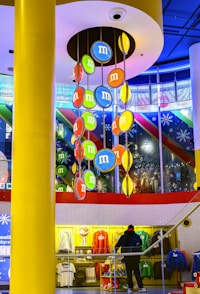 Colorful m&m's display hanging in a store.