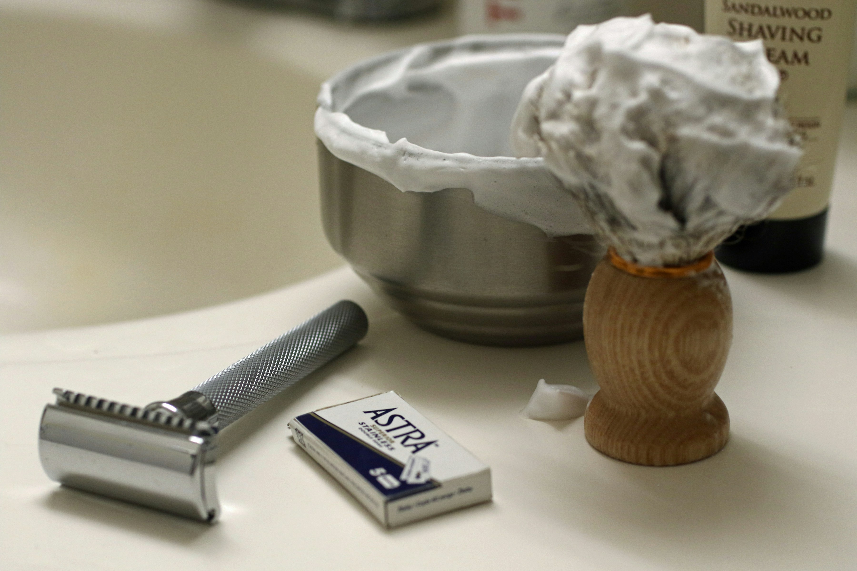 Double edge razor, shaving cream, and brush