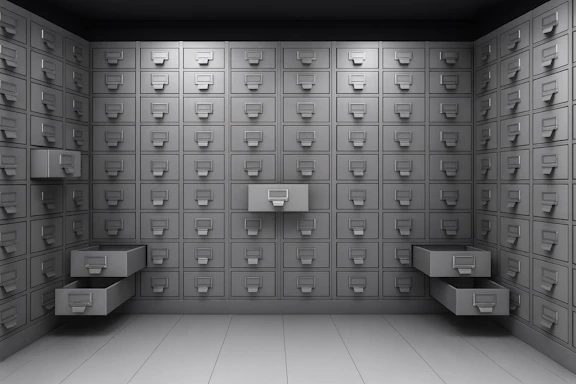 A room filled with rows of filing cabinets