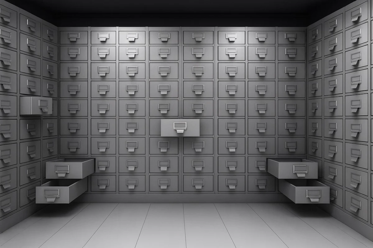 Rows of filing cabinets — behind 22,000 digital services, the processing is still done by hand
