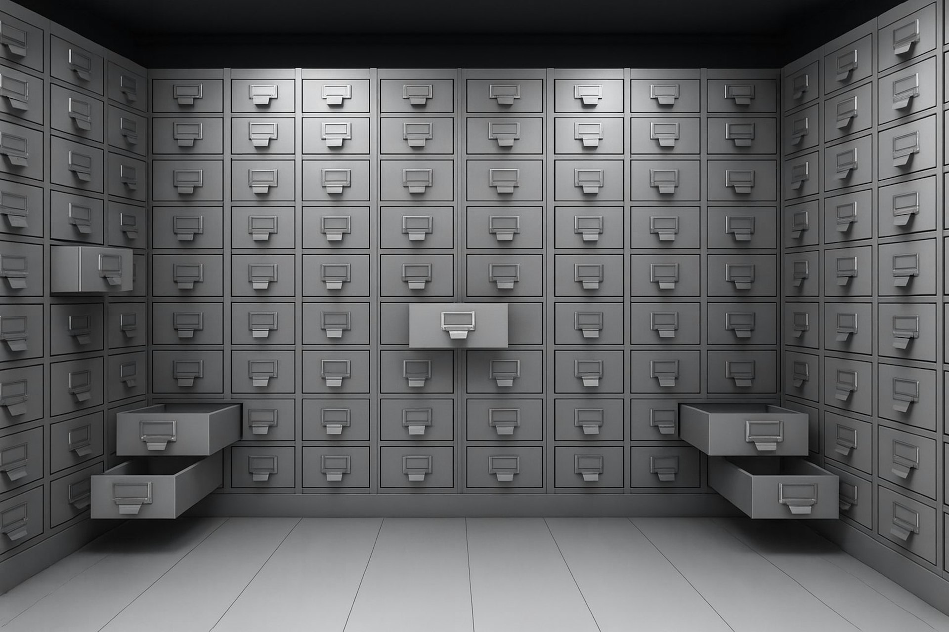 A room filled with rows of filing cabinets representing massive document archives