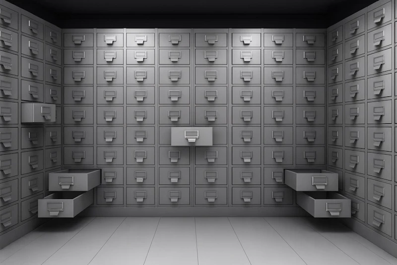 Vault room lined with grey safe deposit drawers