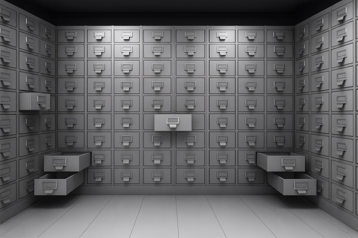 A room filled with rows of filing cabinets representing organized business knowledge