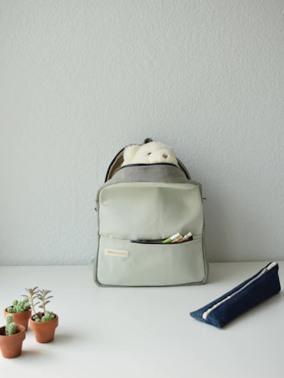 A backpack with supplies and potted plants on a table.