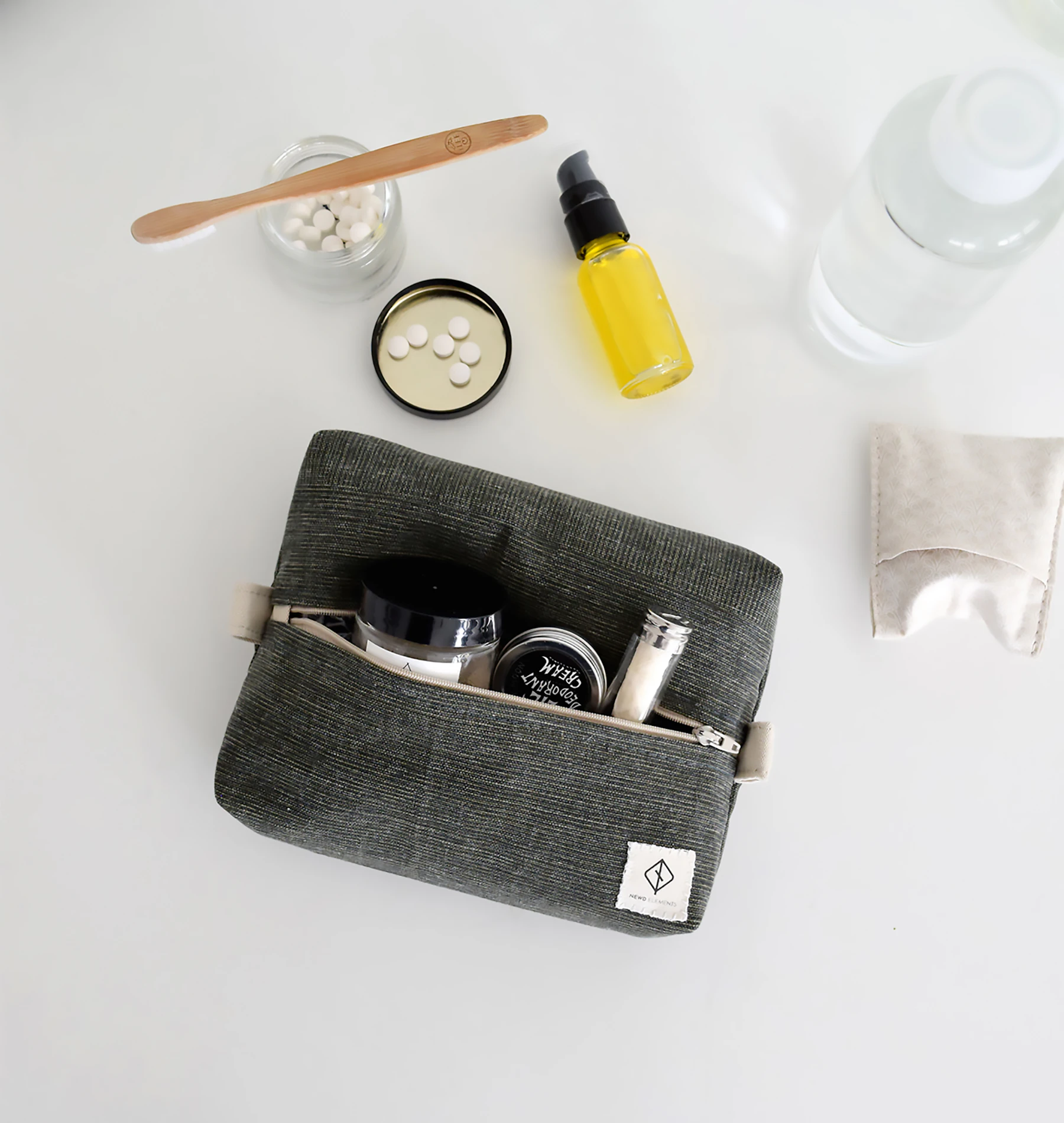 Travel toiletry bag packed with personal care and hygiene essentials for an everyday trip