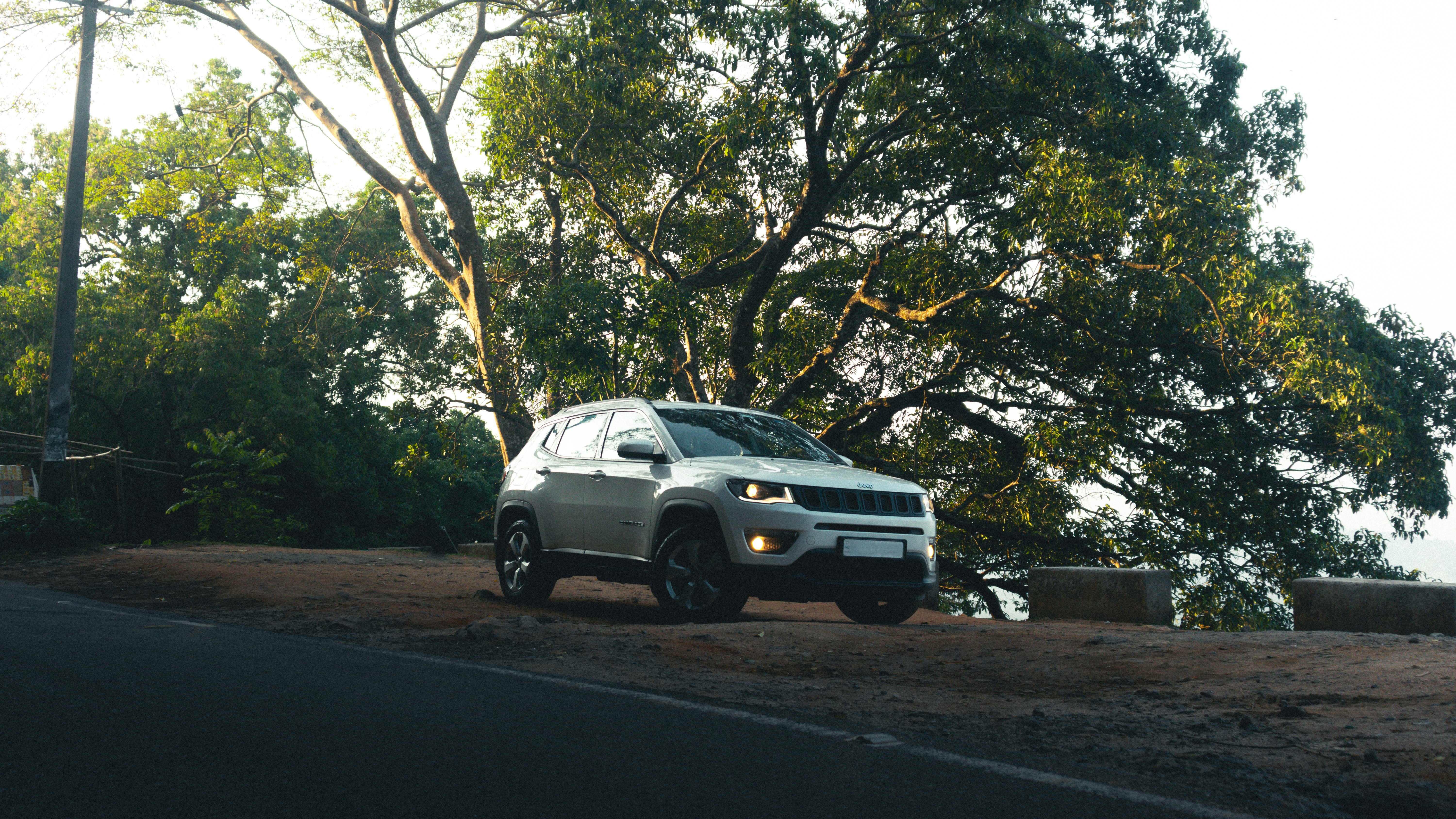 Un SUV argenté garé sur une route de terre près des arbres.