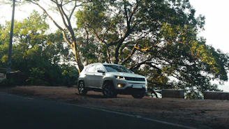 Silver suv parked on a dirt road near trees.