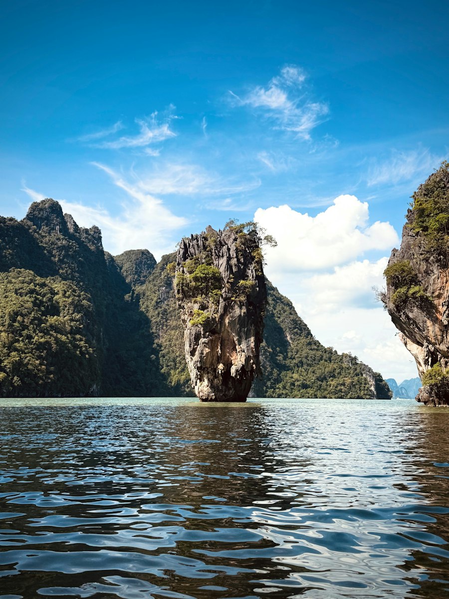 Limestone islands rising from the sea in Phang Nga Bay