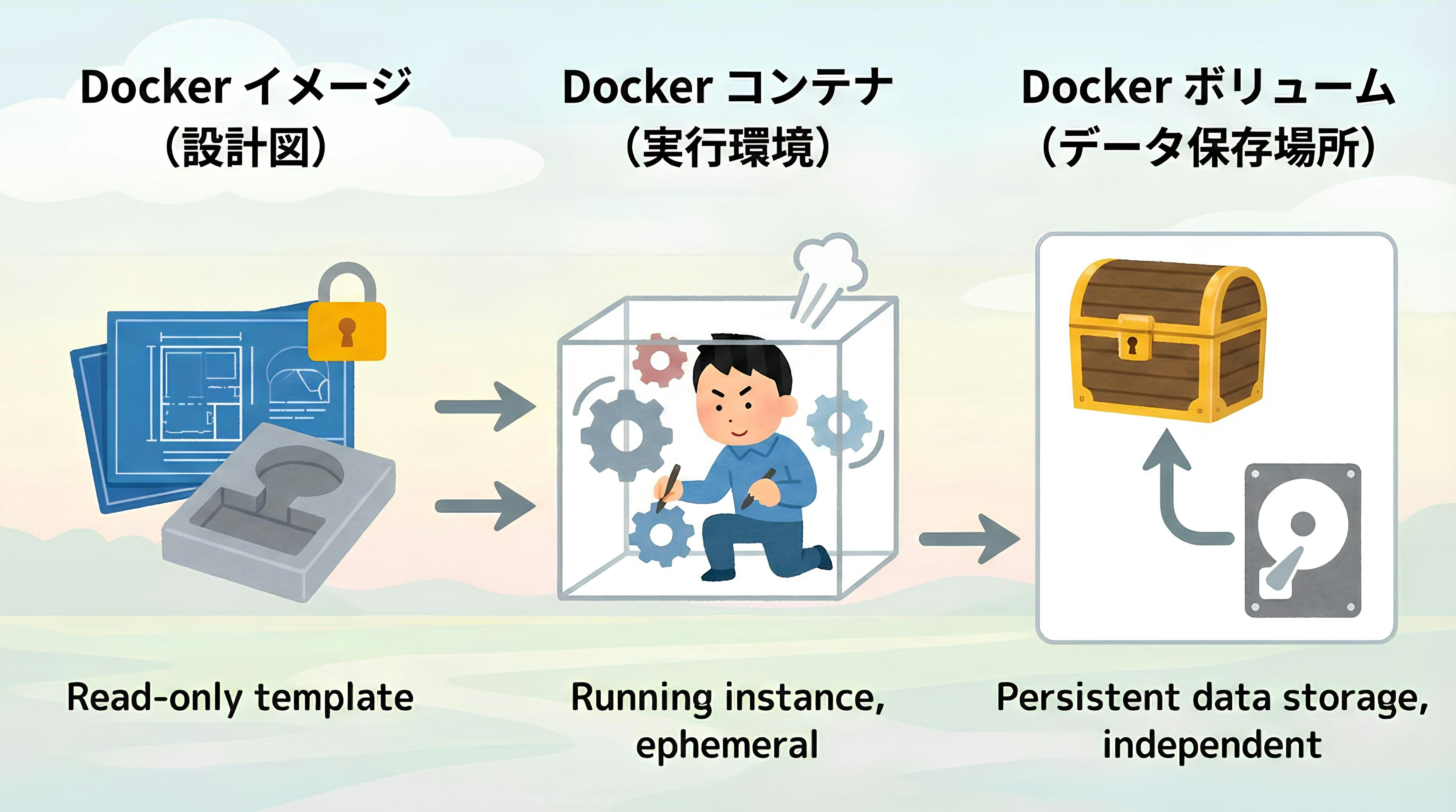 Dockerイメージ・コンテナ・ボリュームの比較
