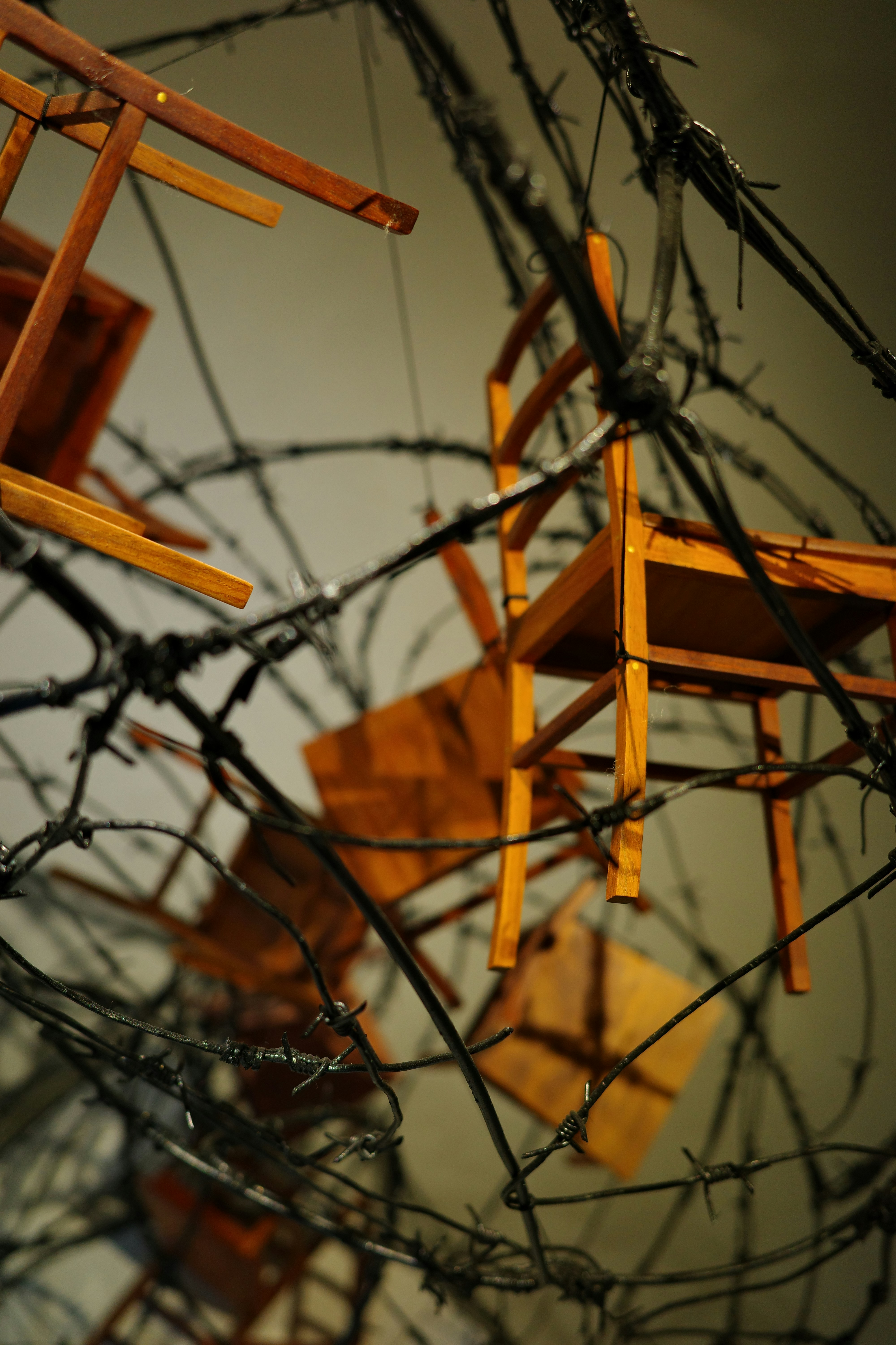 Wooden chairs entangled in barbed wire.
