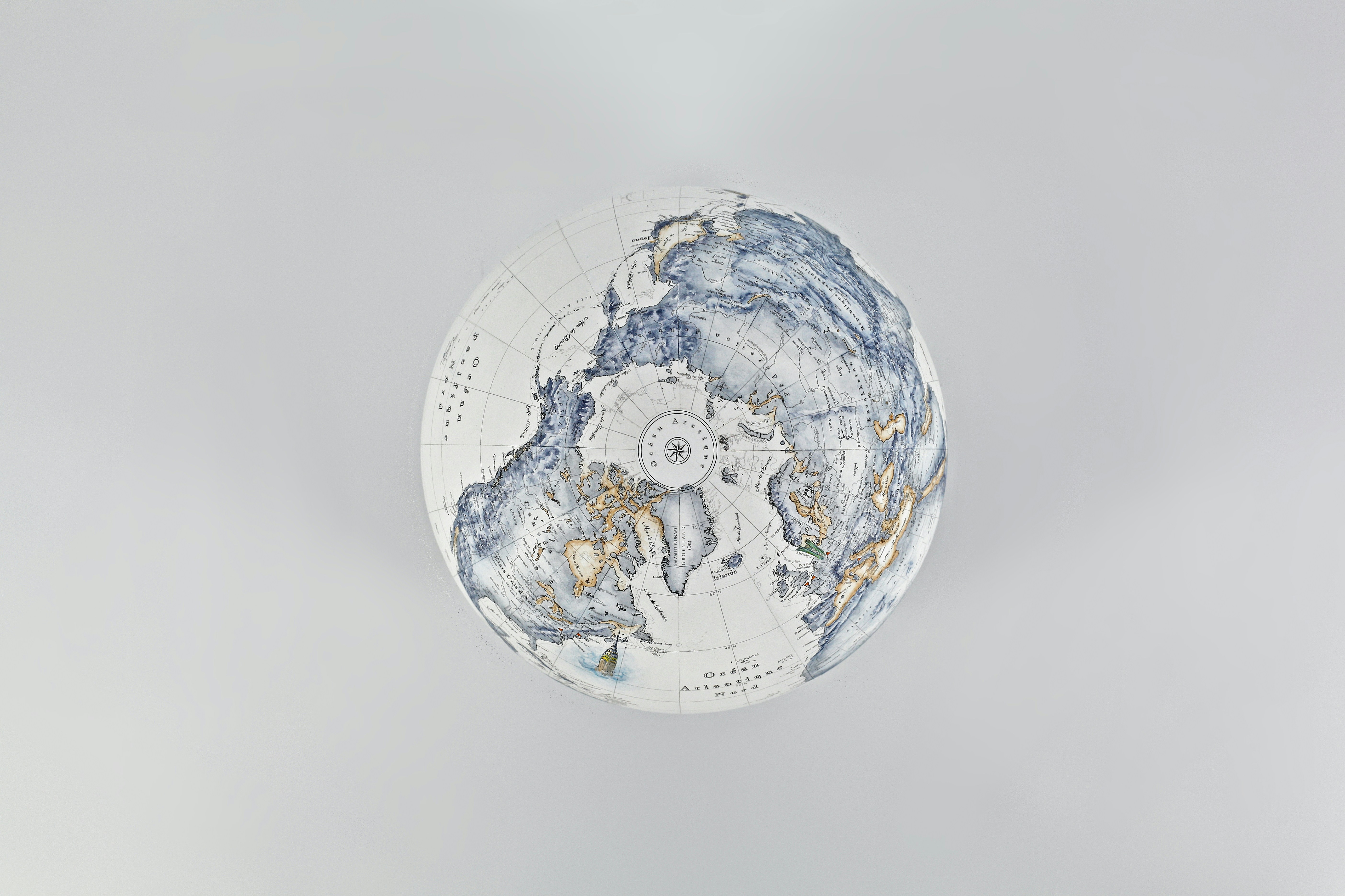 Terrestrial globe, black and white, view from north pole