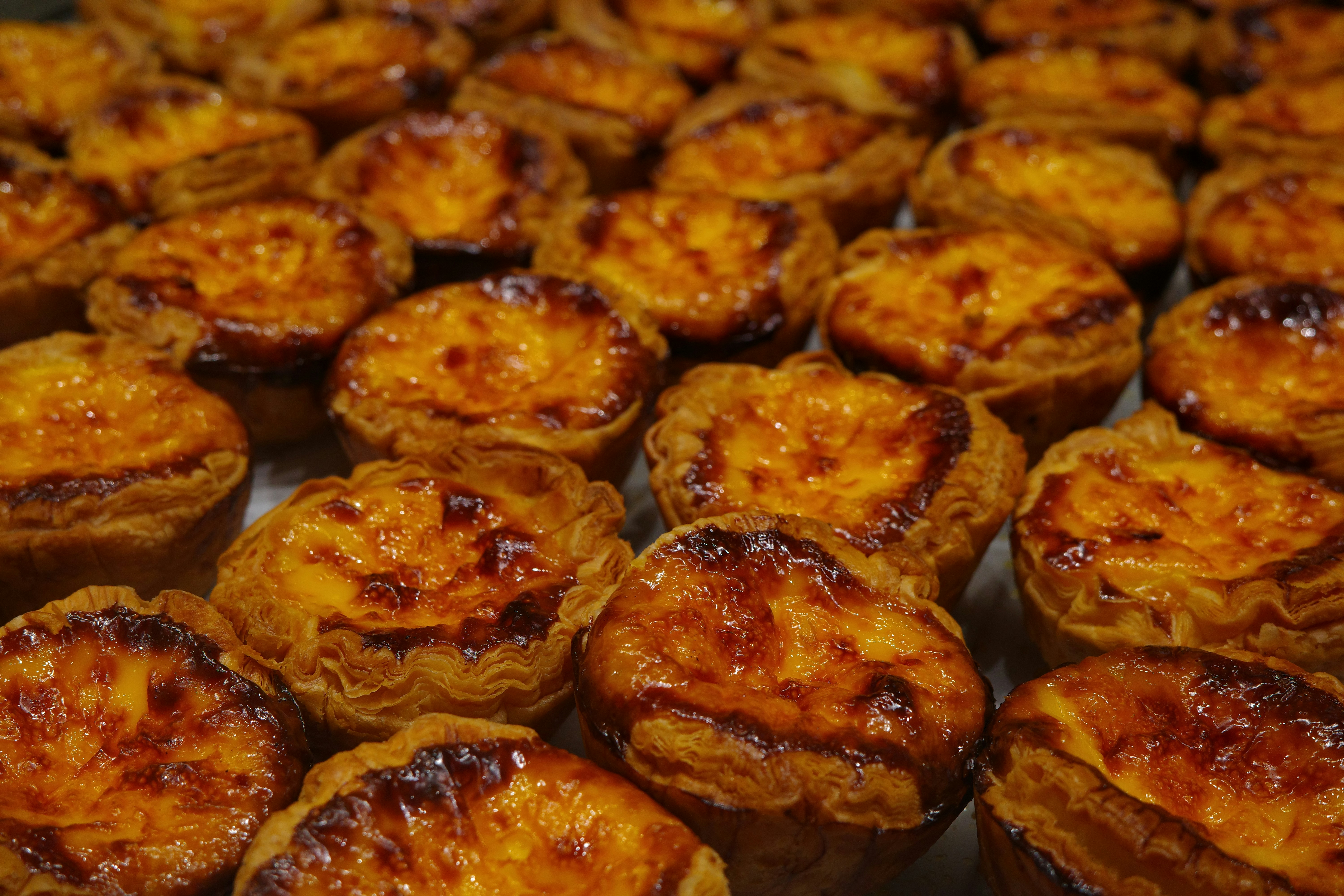 A tray of freshly baked portuguese custard tarts.