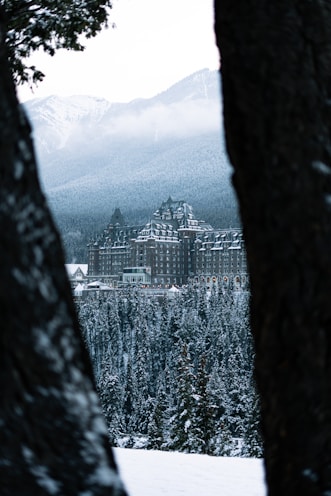 Grand hotel nestled in snowy mountains and forest