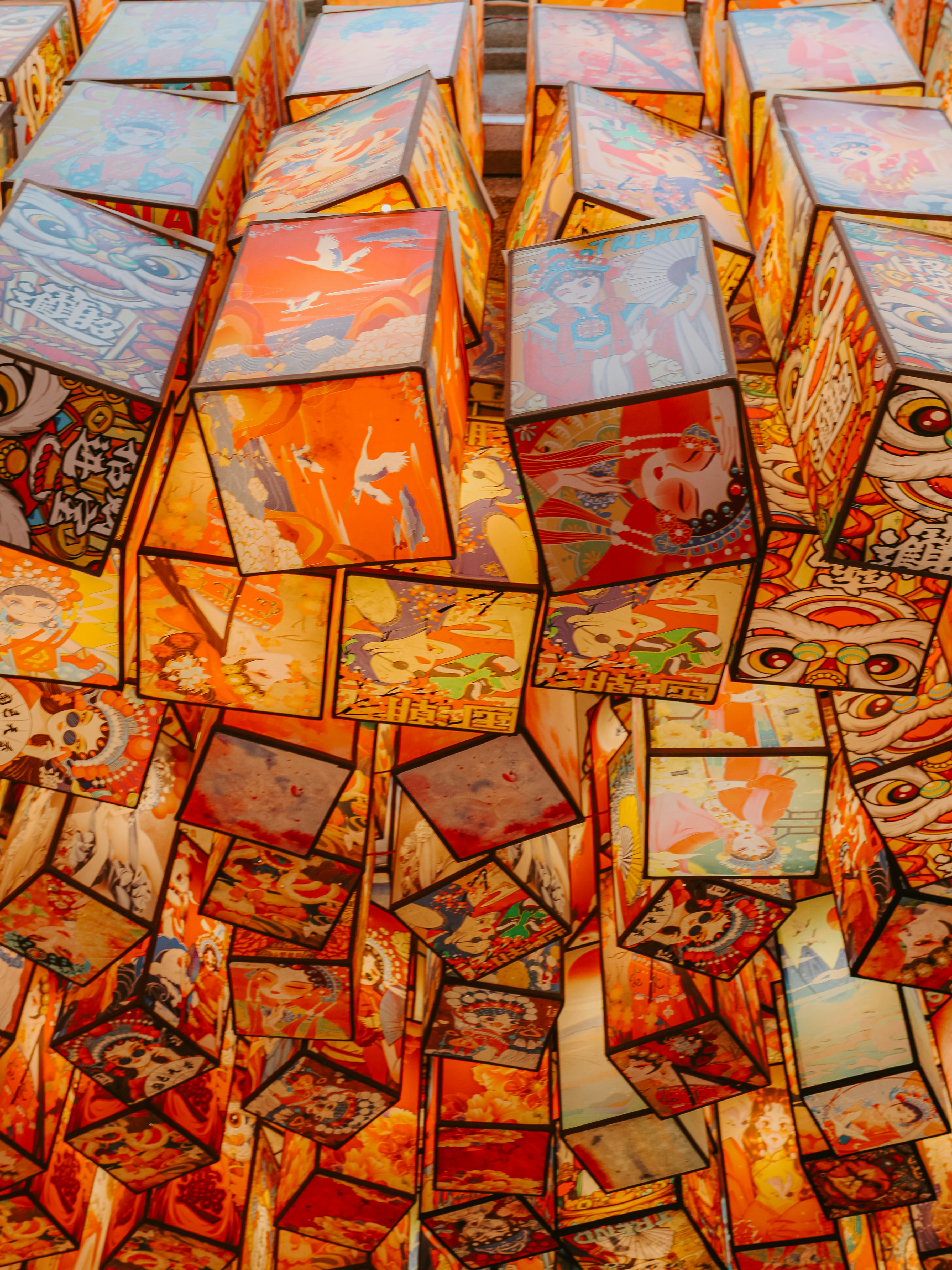 Hanging lanterns with colorful traditional japanese art.