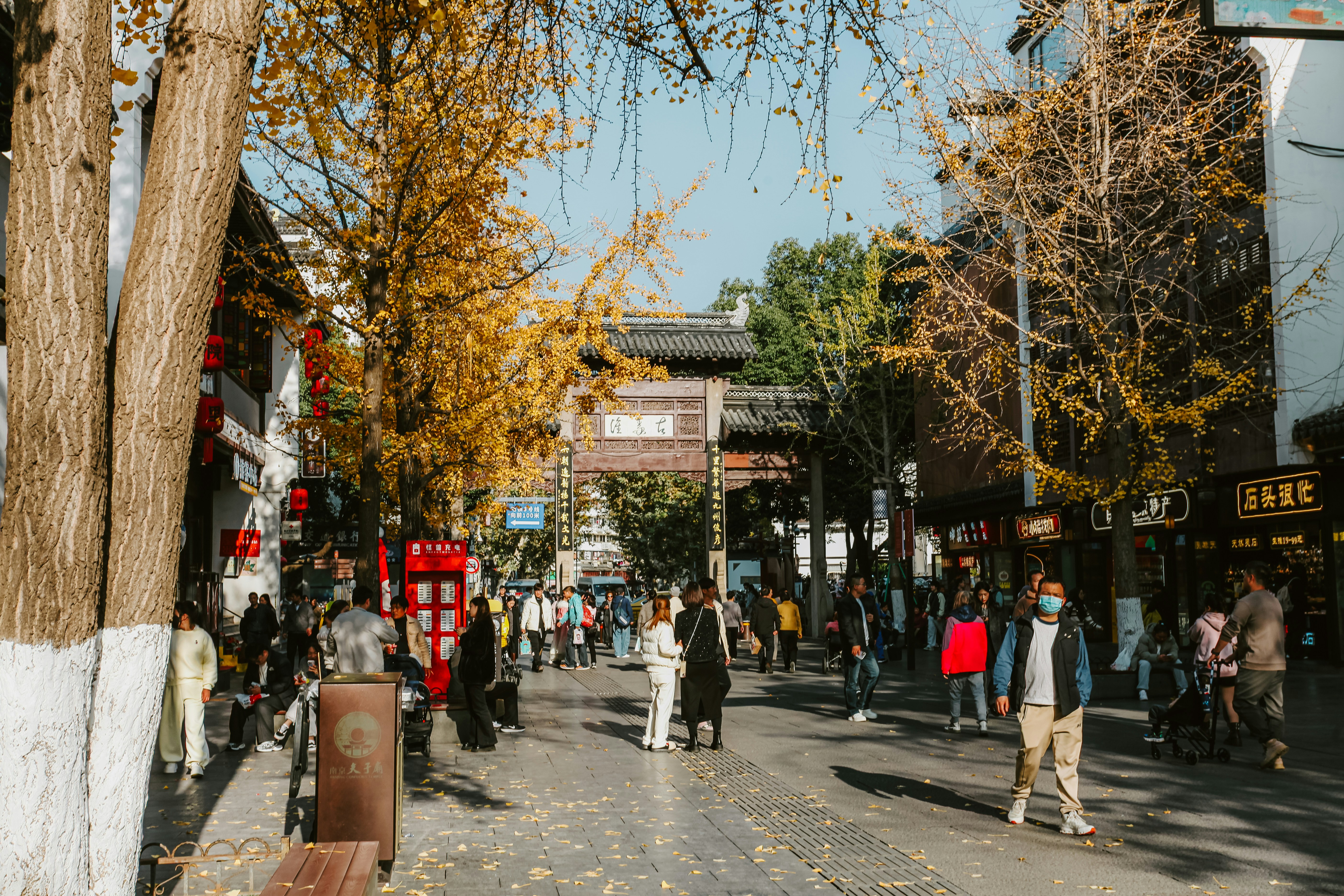People walking down a street lined with shops and trees.