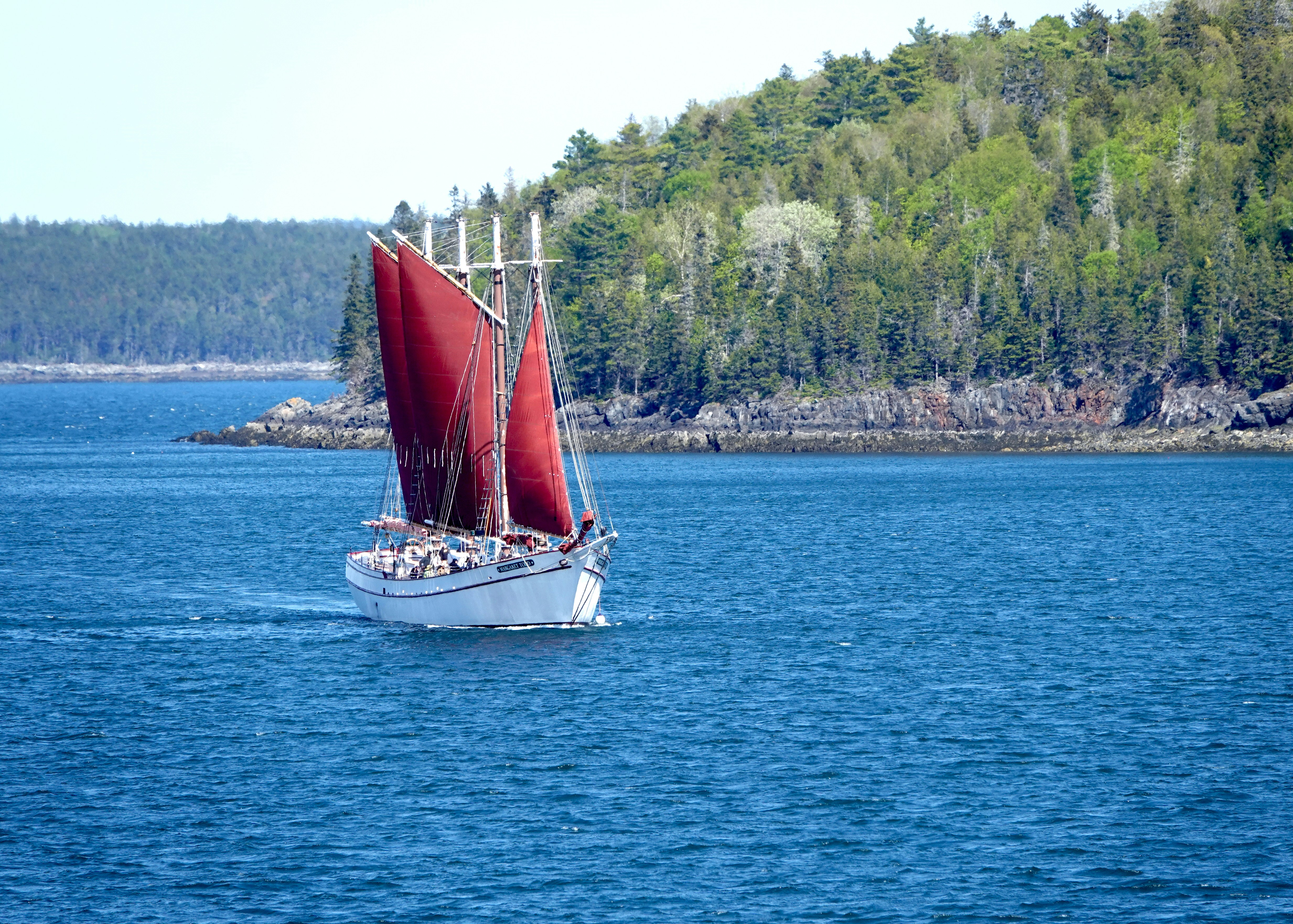 A schooner with red sails on a blue sea.