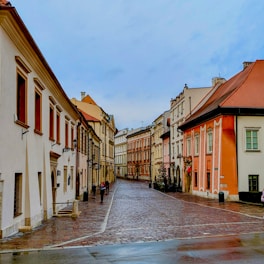 Cobblestone street lined with colorful old buildings