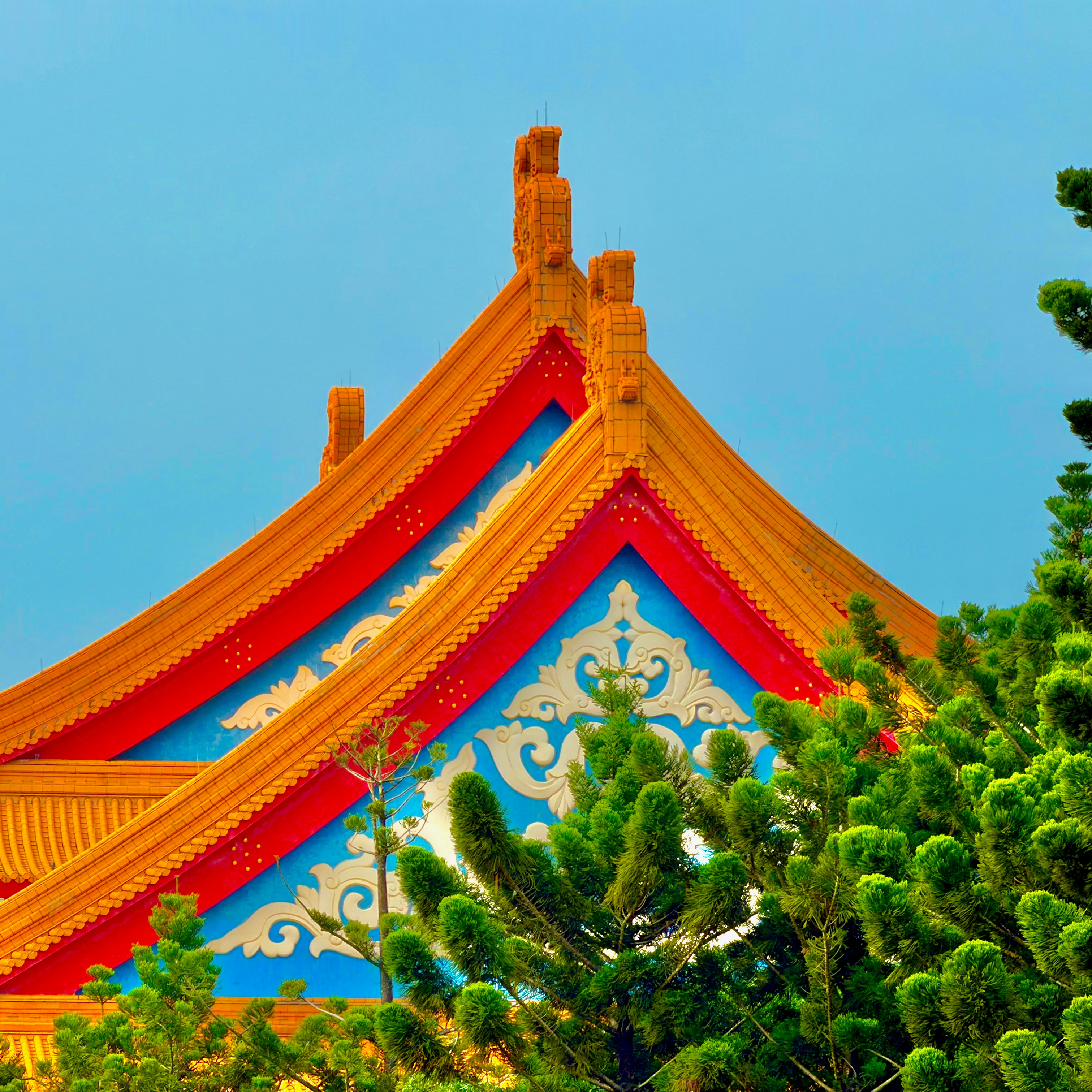 Traditional chinese temple roof with blue sky.