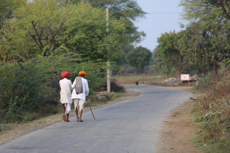 गांव की सड़क पर लाठी लिए पैदल चलते लोग — पदयात्रा
