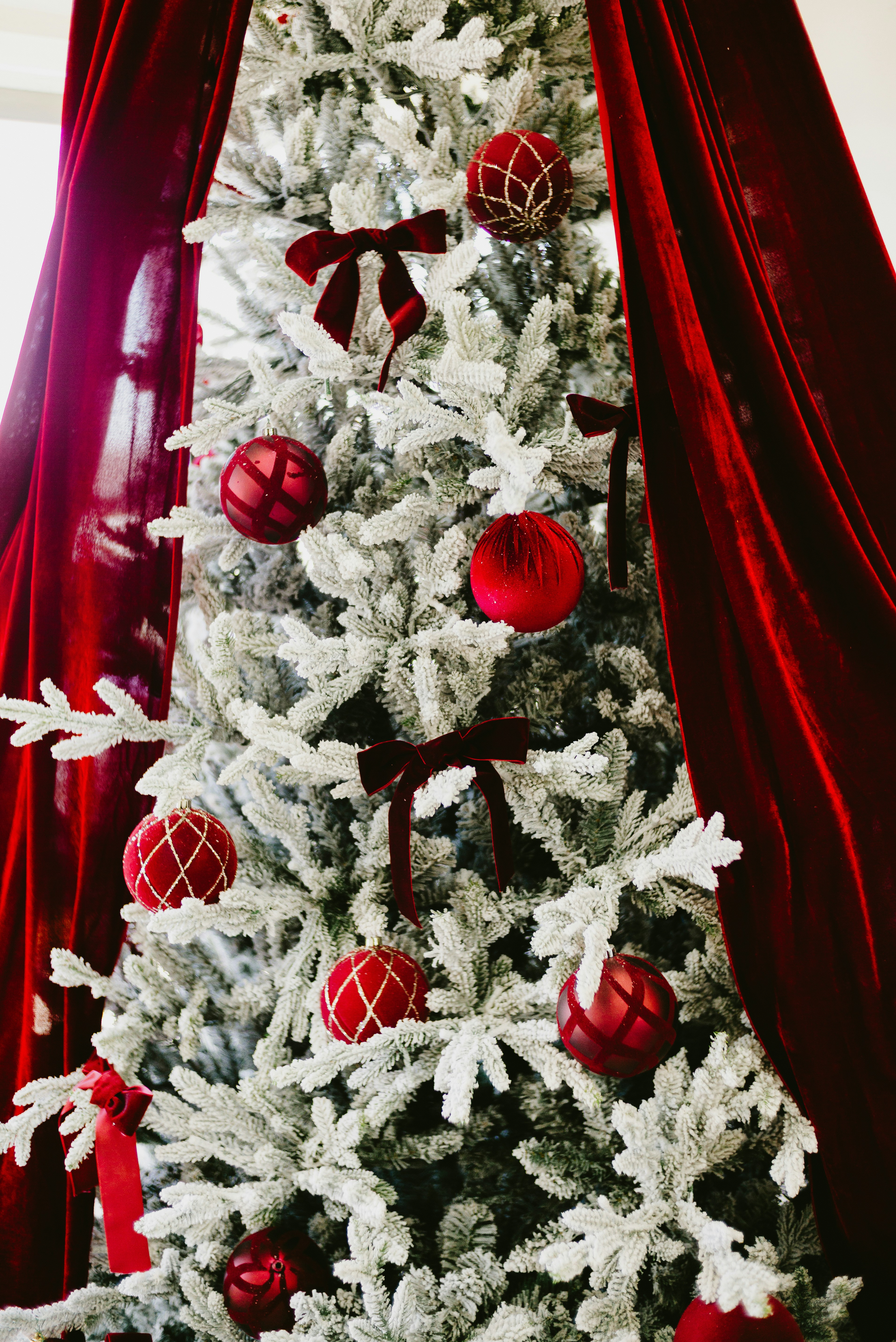 Flocked christmas tree with red ornaments and bows.