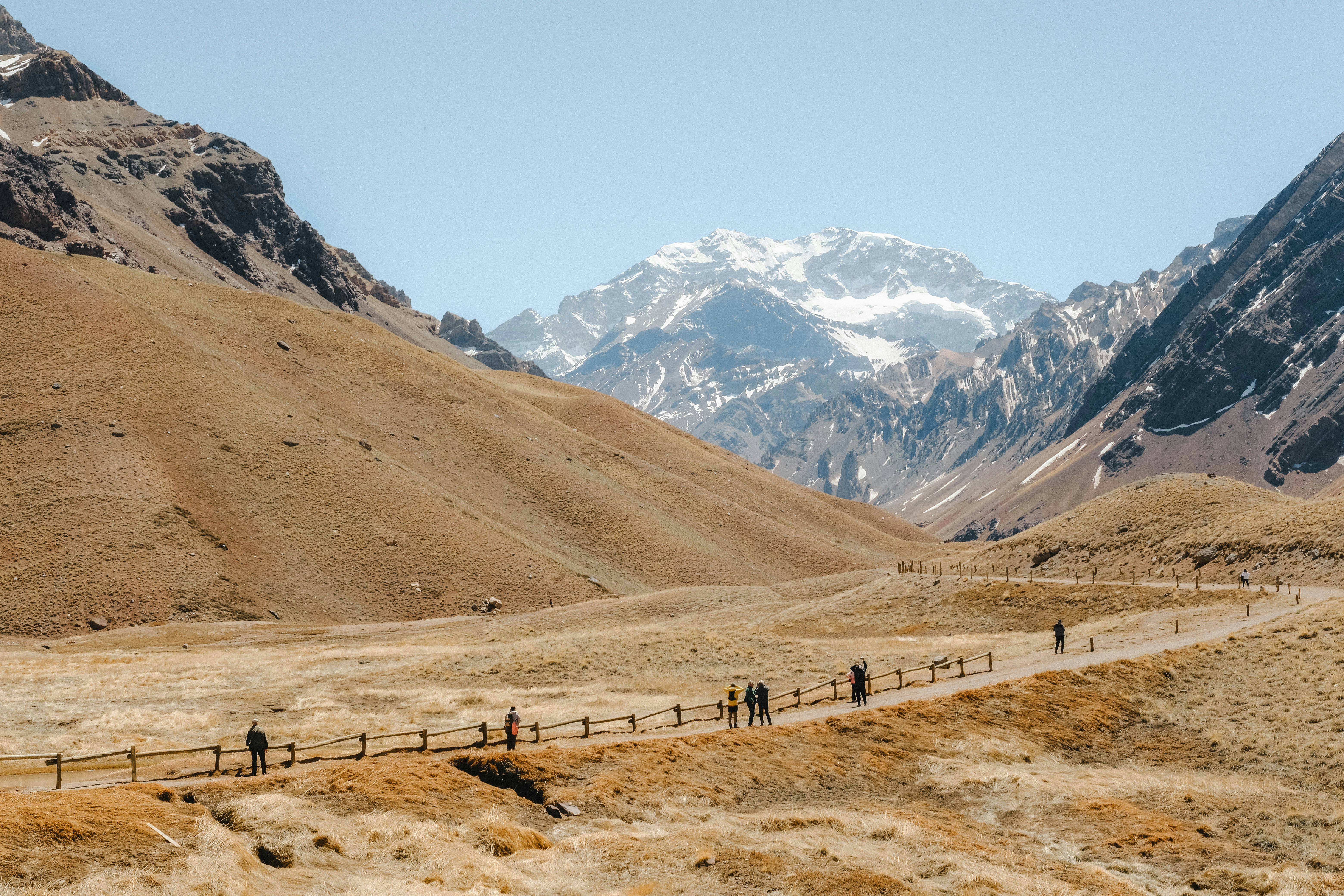 Hikers on a path leading to a snow-capped mountain.