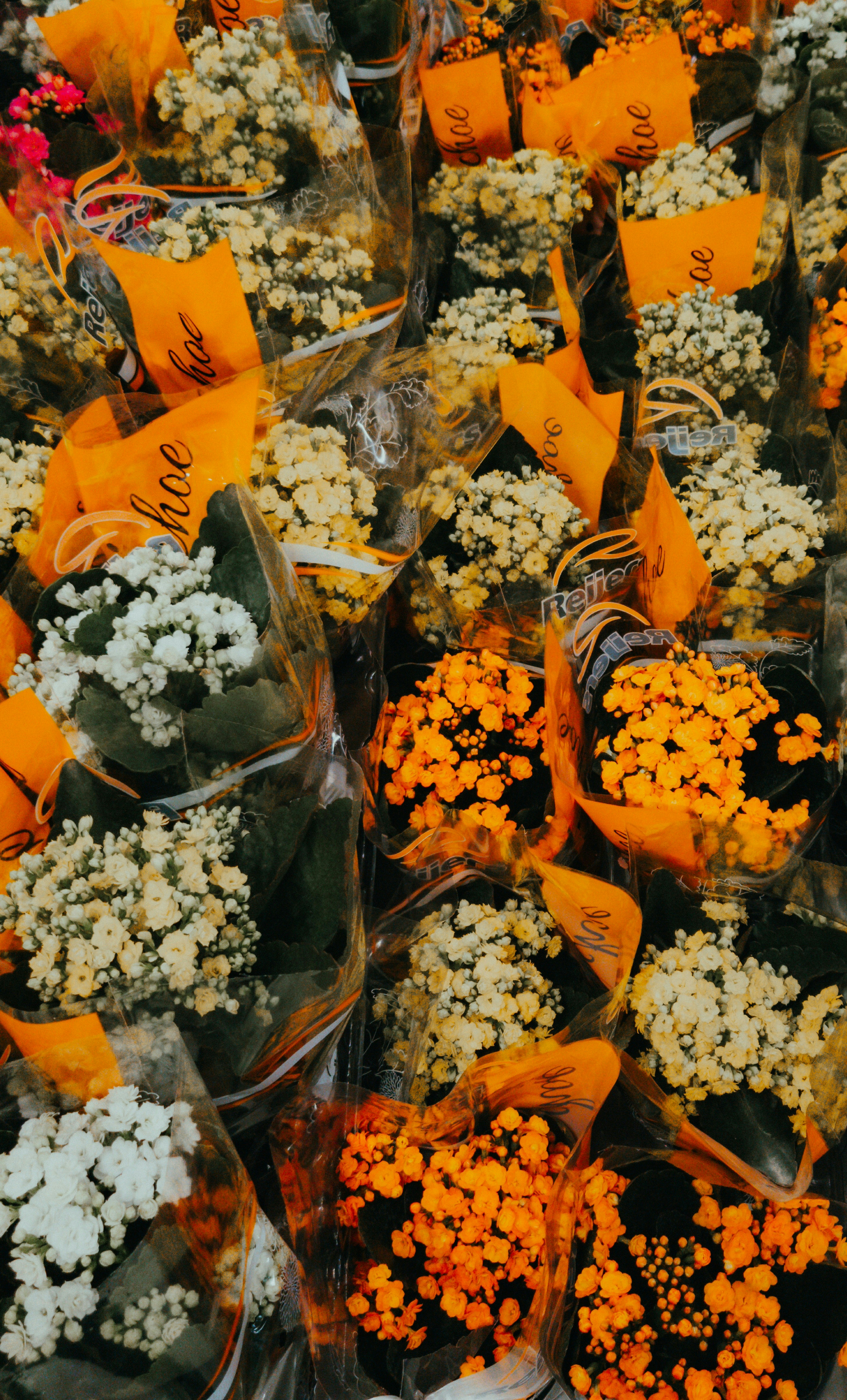Bunches of small flowers in orange and white wrappers.