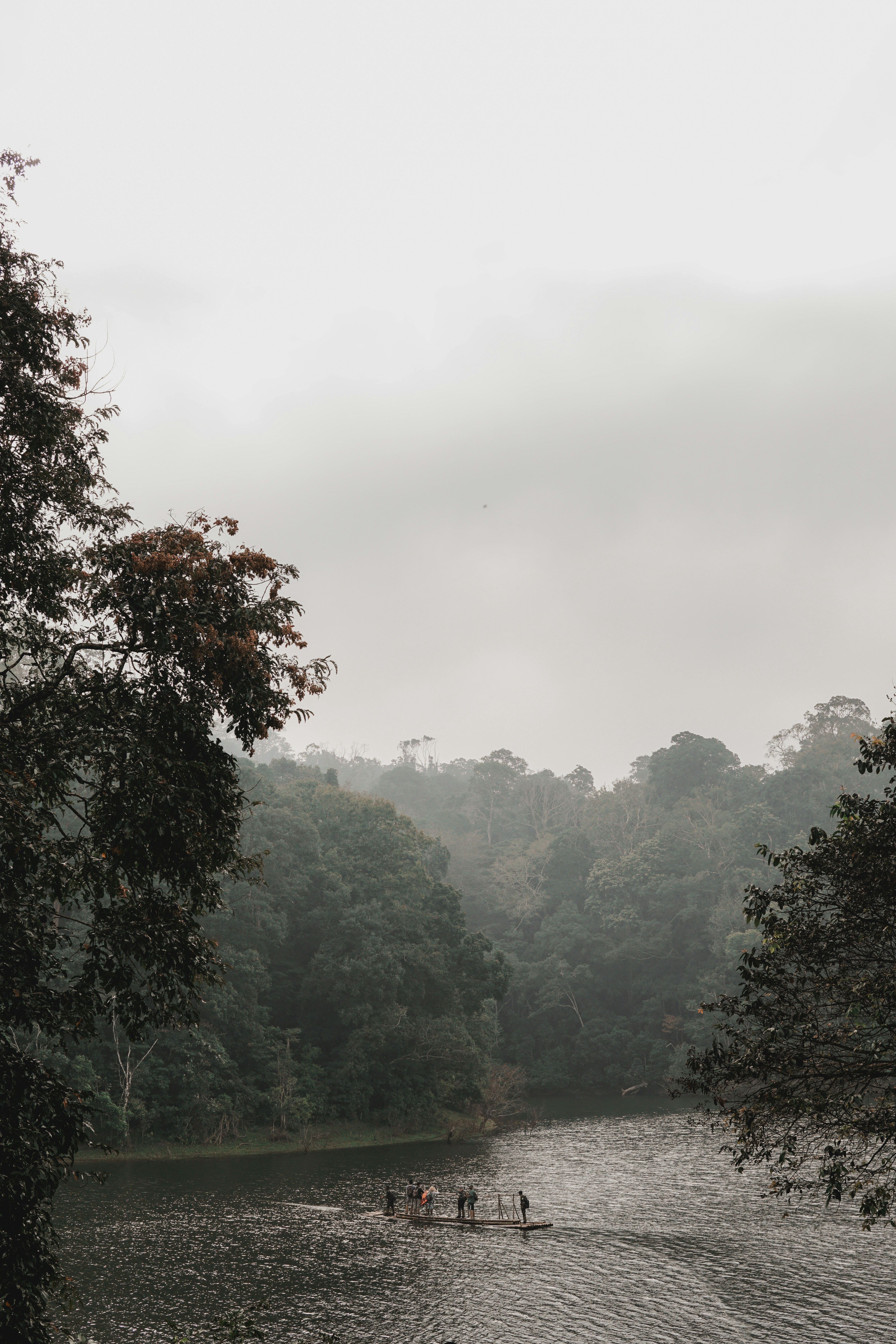 People on a raft in a serene forest river