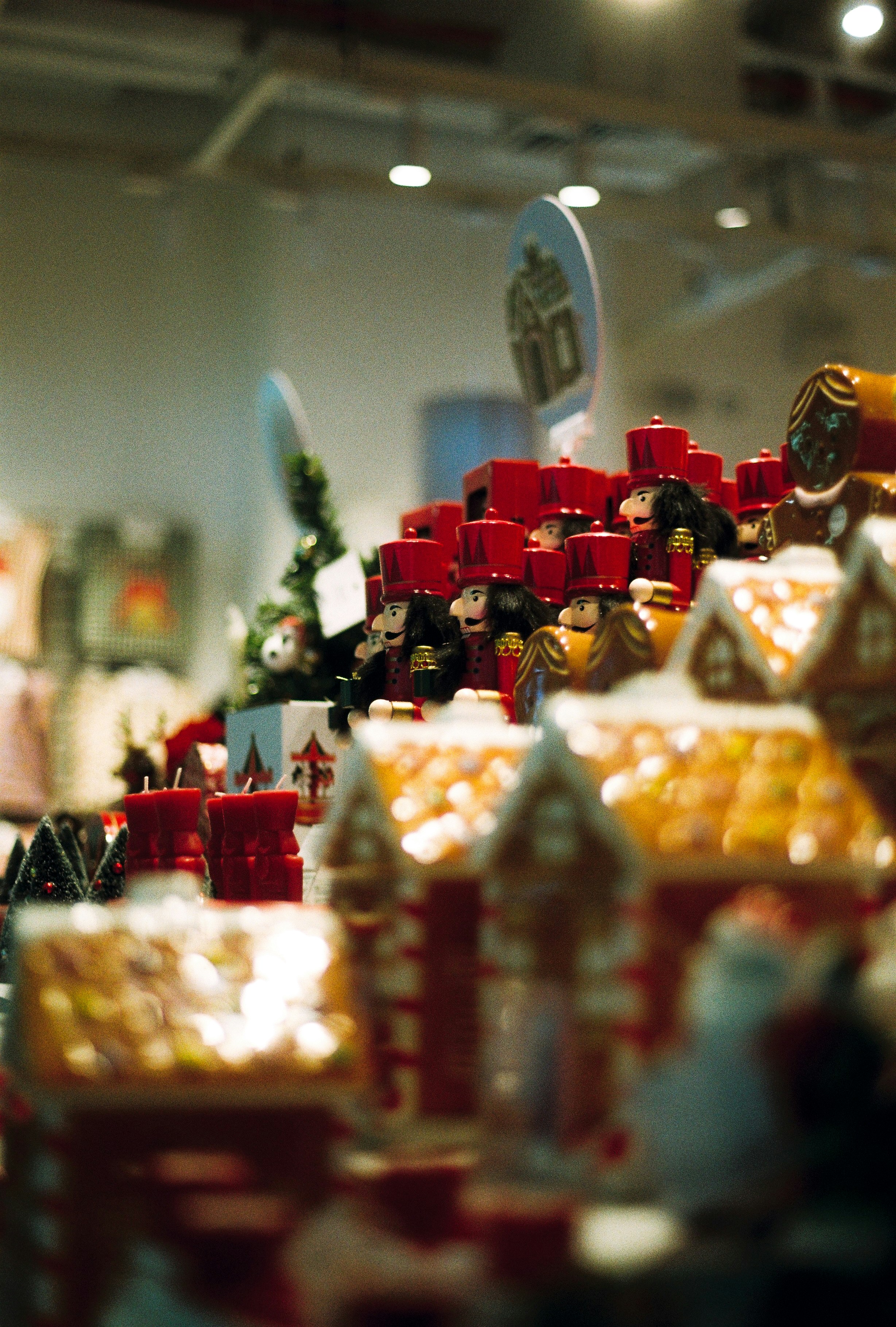 Christmas gingerbread houses and advent calendars displayed