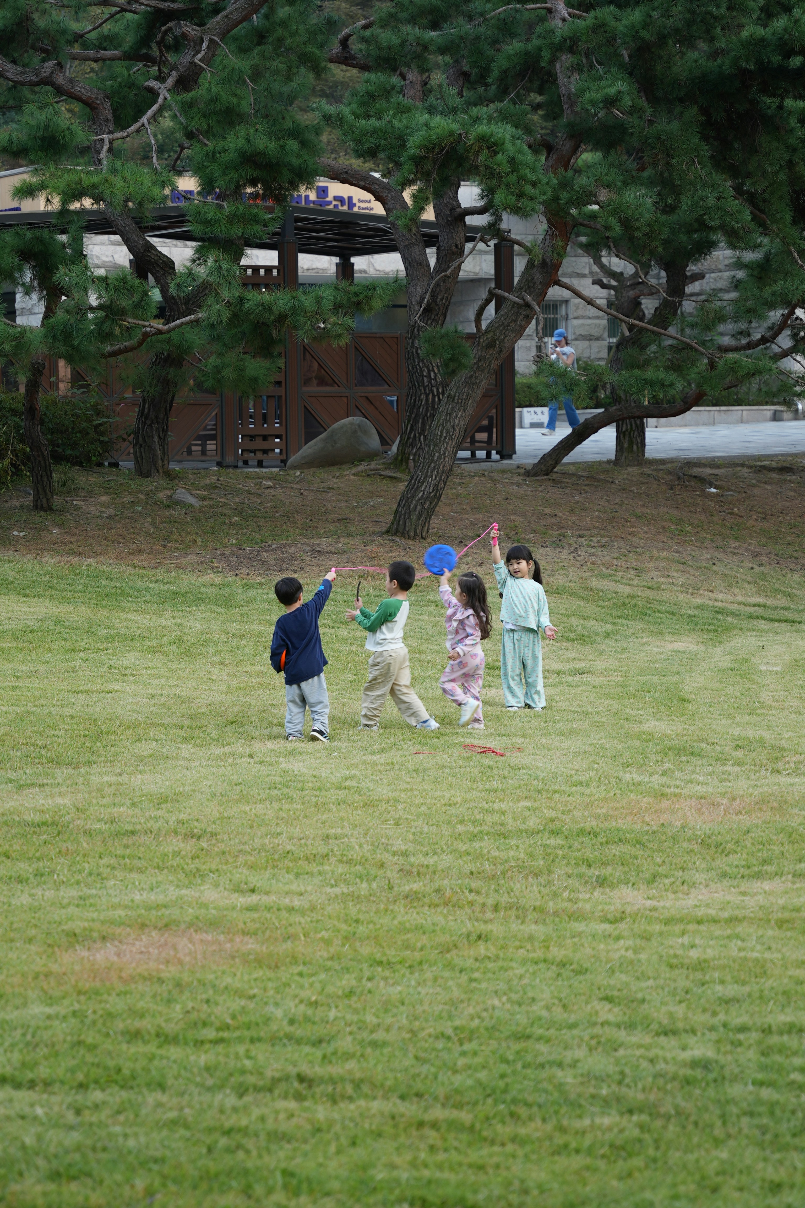 Kinder, die mit Drachen in einem Graspark spielen