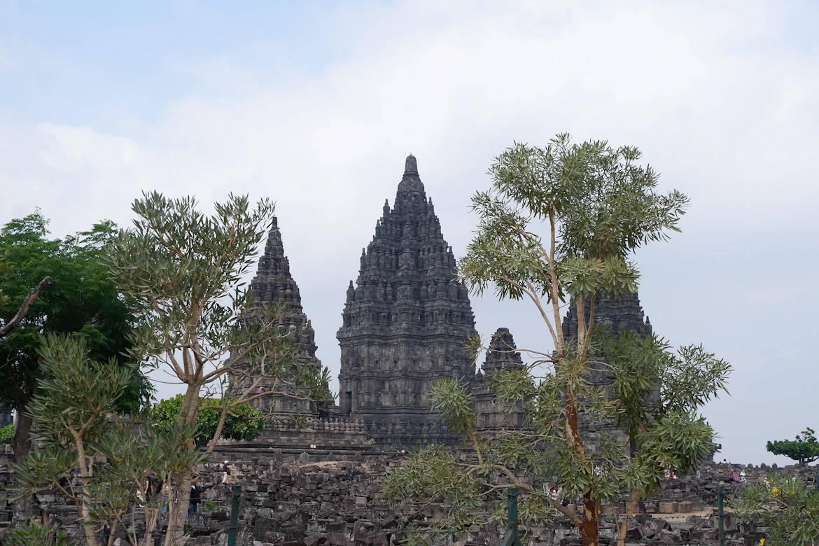 The intricate stone spires of Prambanan Temple