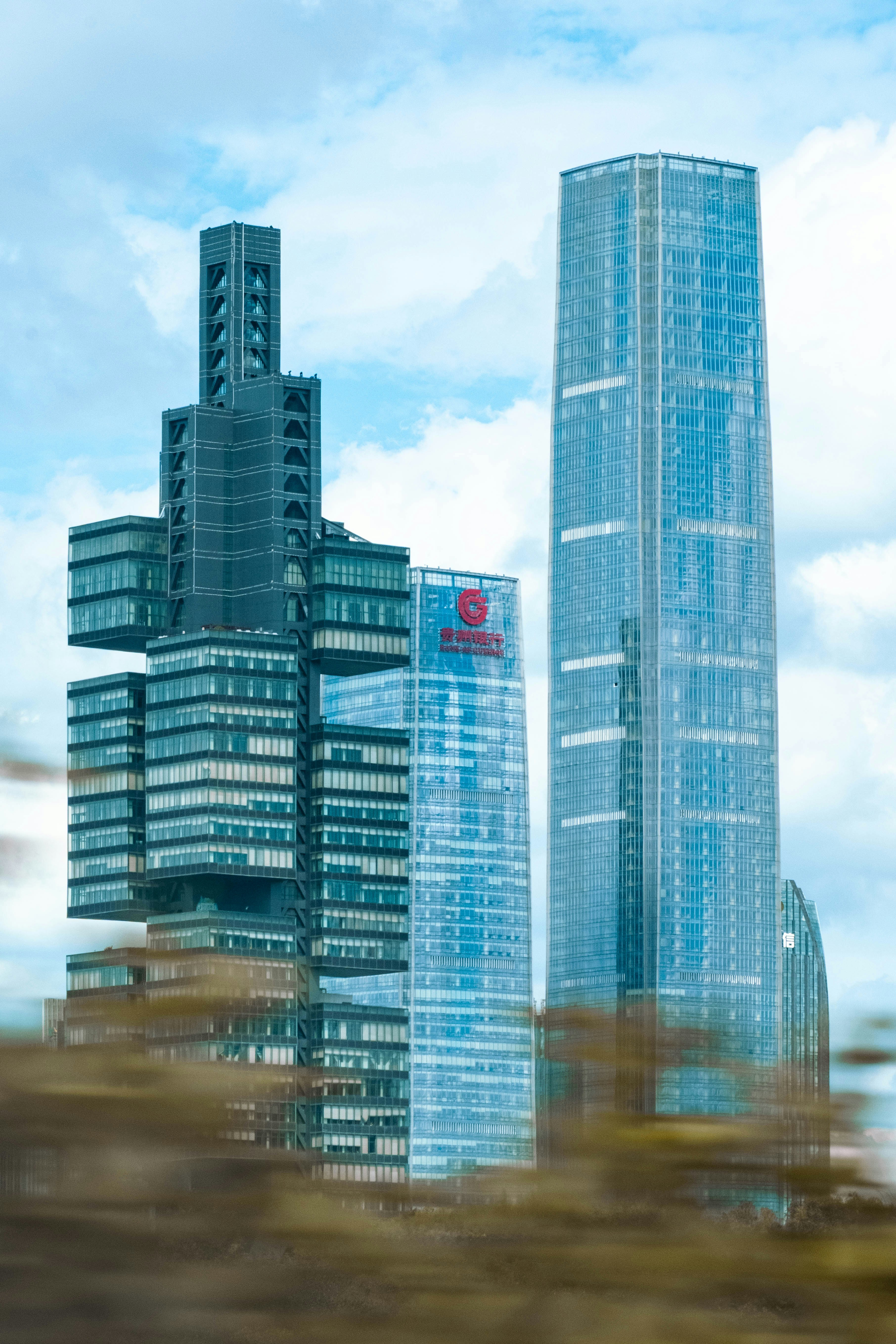 Modern skyscrapers with unique architectural designs.