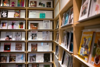 Books and magazines displayed on wooden shelves.